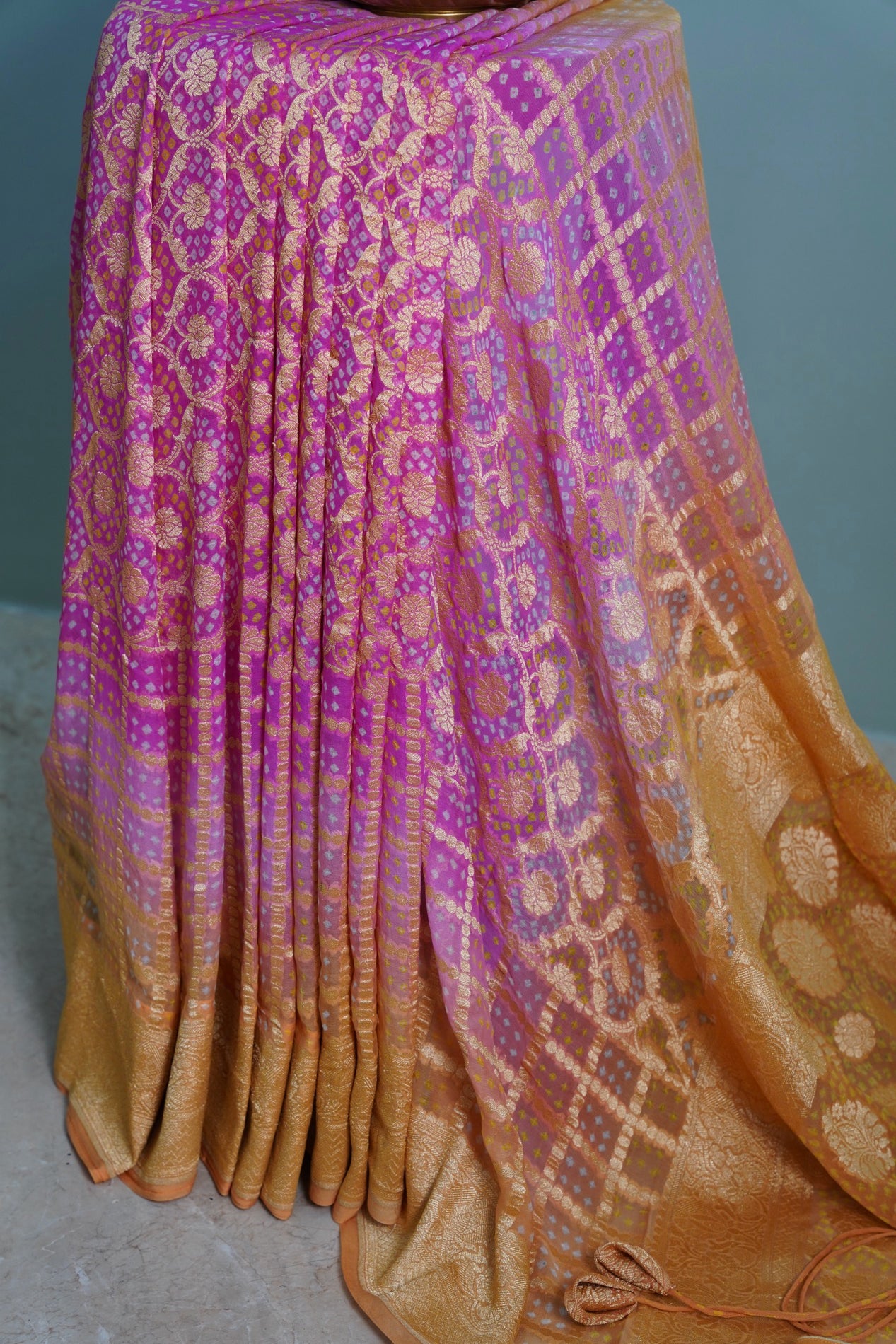 Pink Yellow Bandhani Banaras Georgette Saree