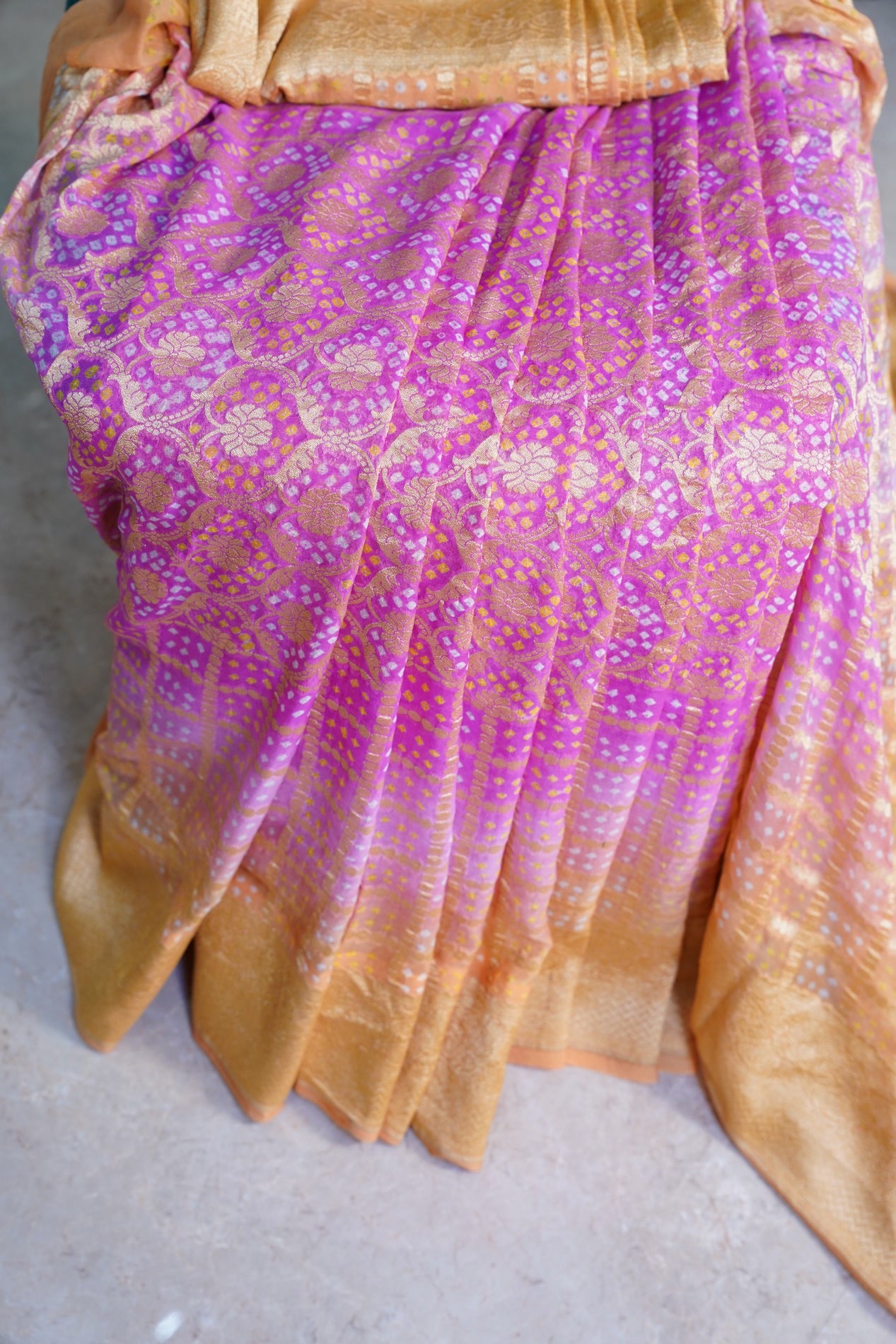 Pink Yellow Bandhani Banaras Georgette Saree