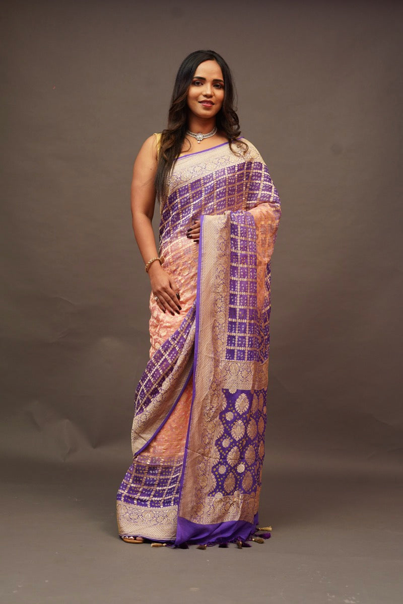 Purple Peach Bandhani Banaras Georgette Saree