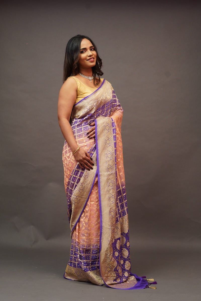 Purple Peach Bandhani Banaras Georgette Saree