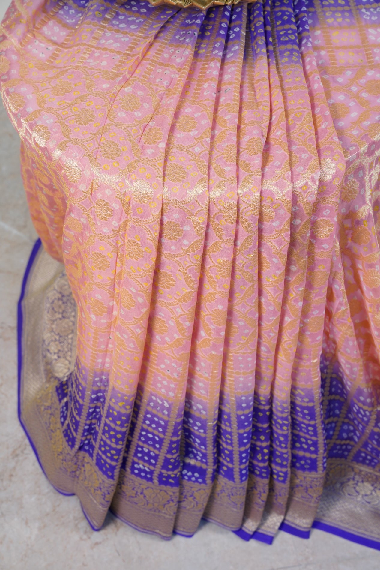 Purple Peach Bandhani Banaras Georgette Saree