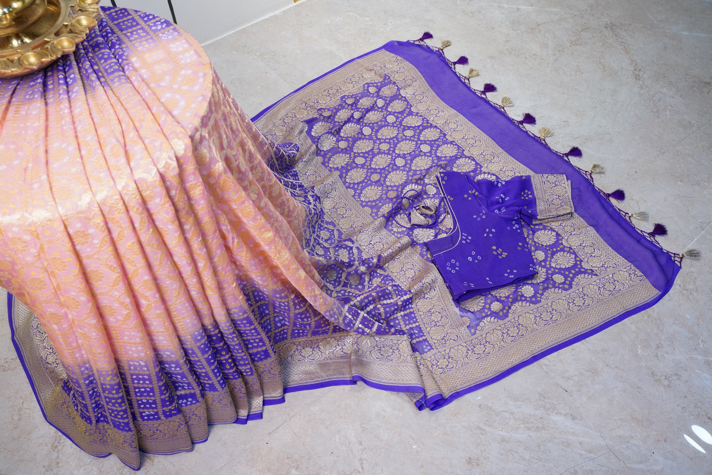 Purple Peach Bandhani Banaras Georgette Saree