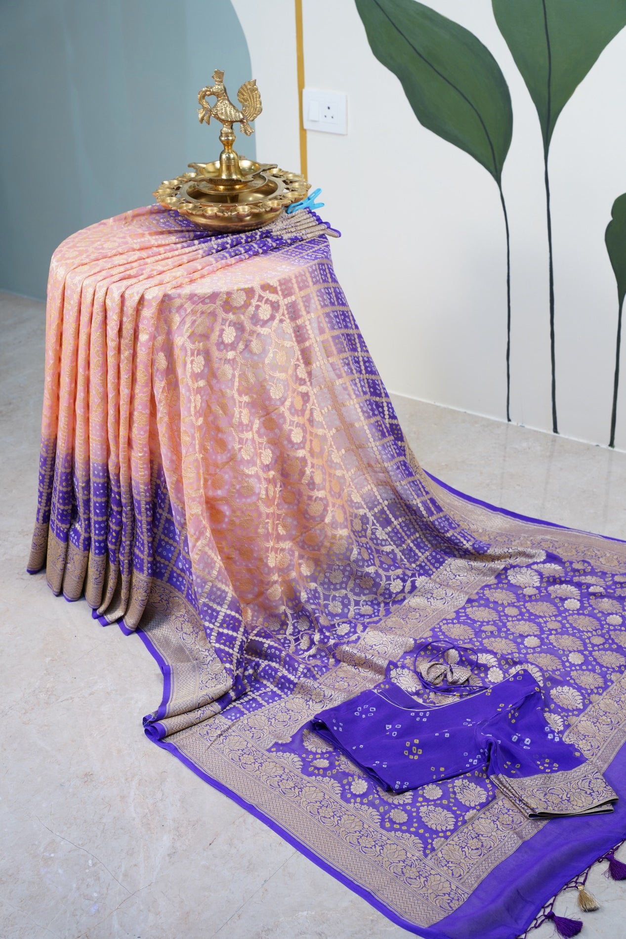 Purple Peach Bandhani Banaras Georgette Saree
