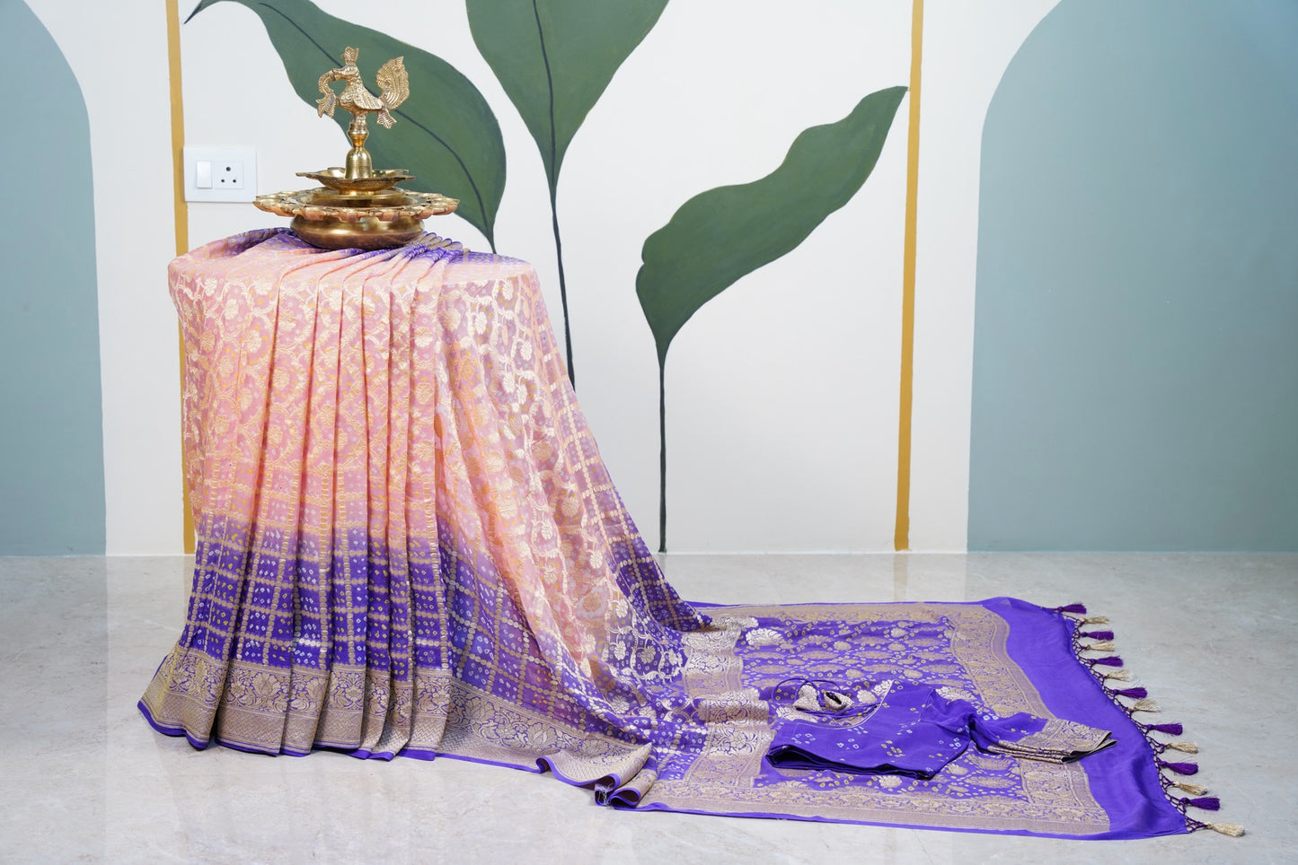 Purple Peach Bandhani Banaras Georgette Saree