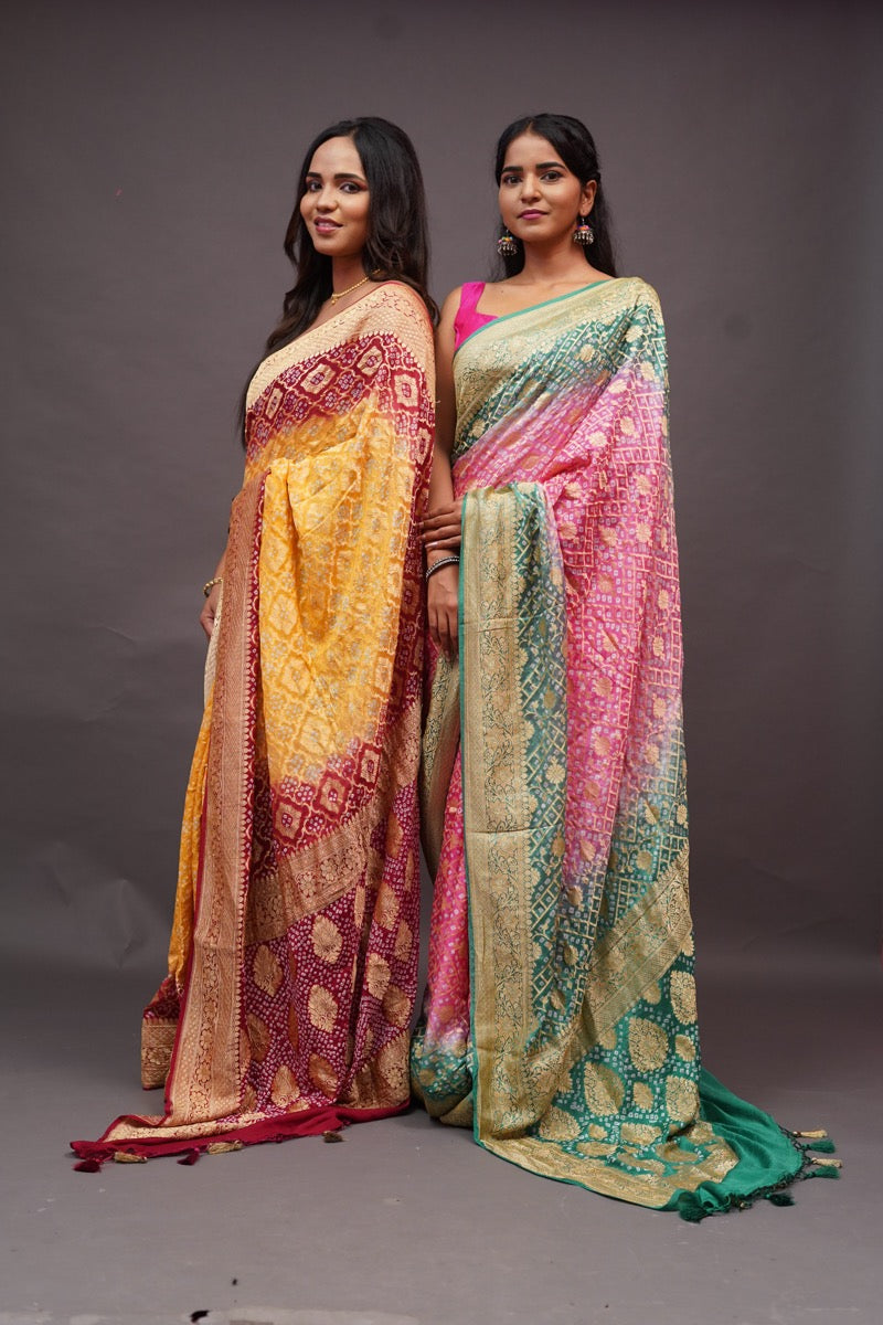 Pink Green Bandhini banaras georgette