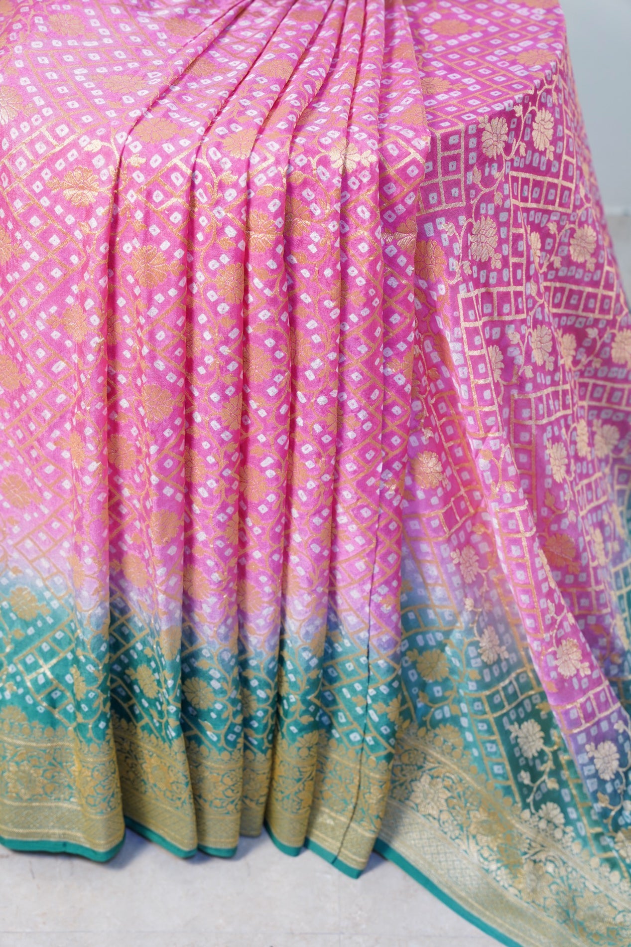 Pink Green Bandhini banaras georgette