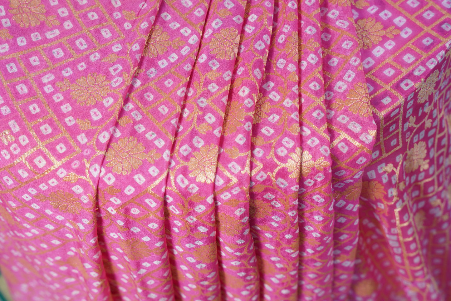 Pink and Green Bandhani Banaras Georgette Saree