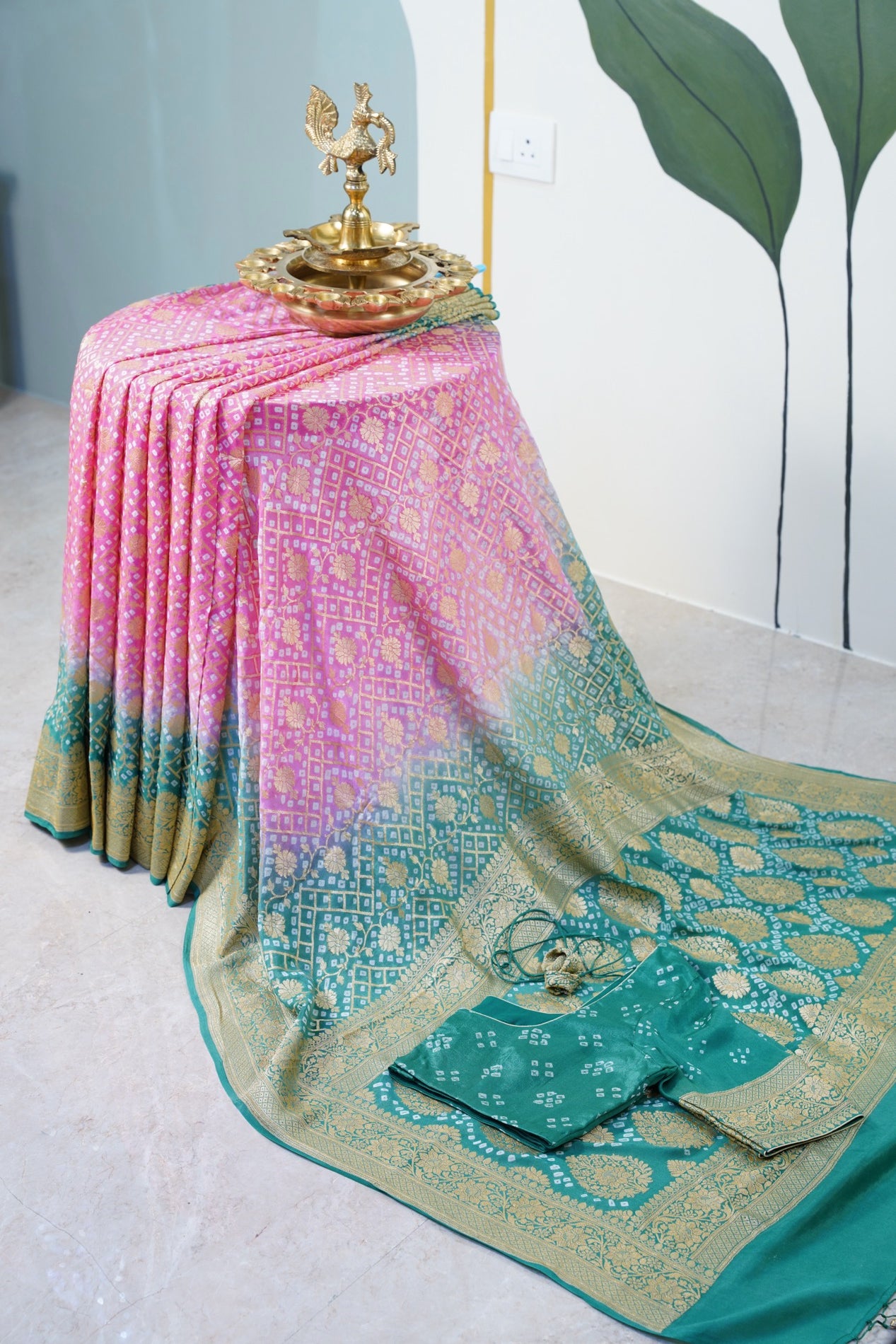 Pink and Green Bandhani Banaras Georgette Saree