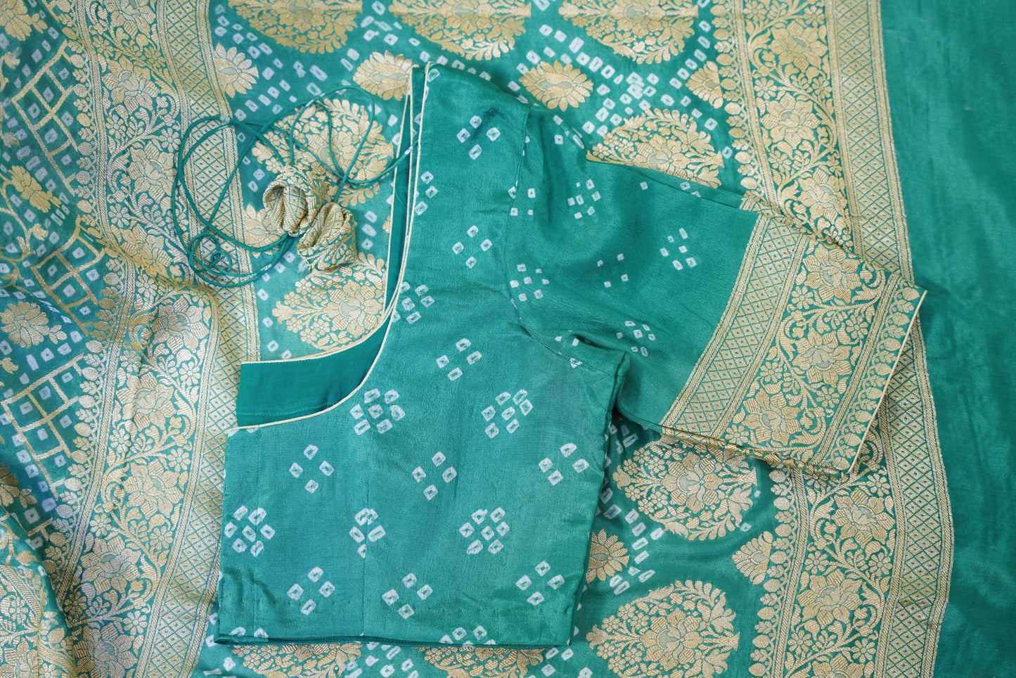 Pink and Green Bandhani Banaras Georgette Saree