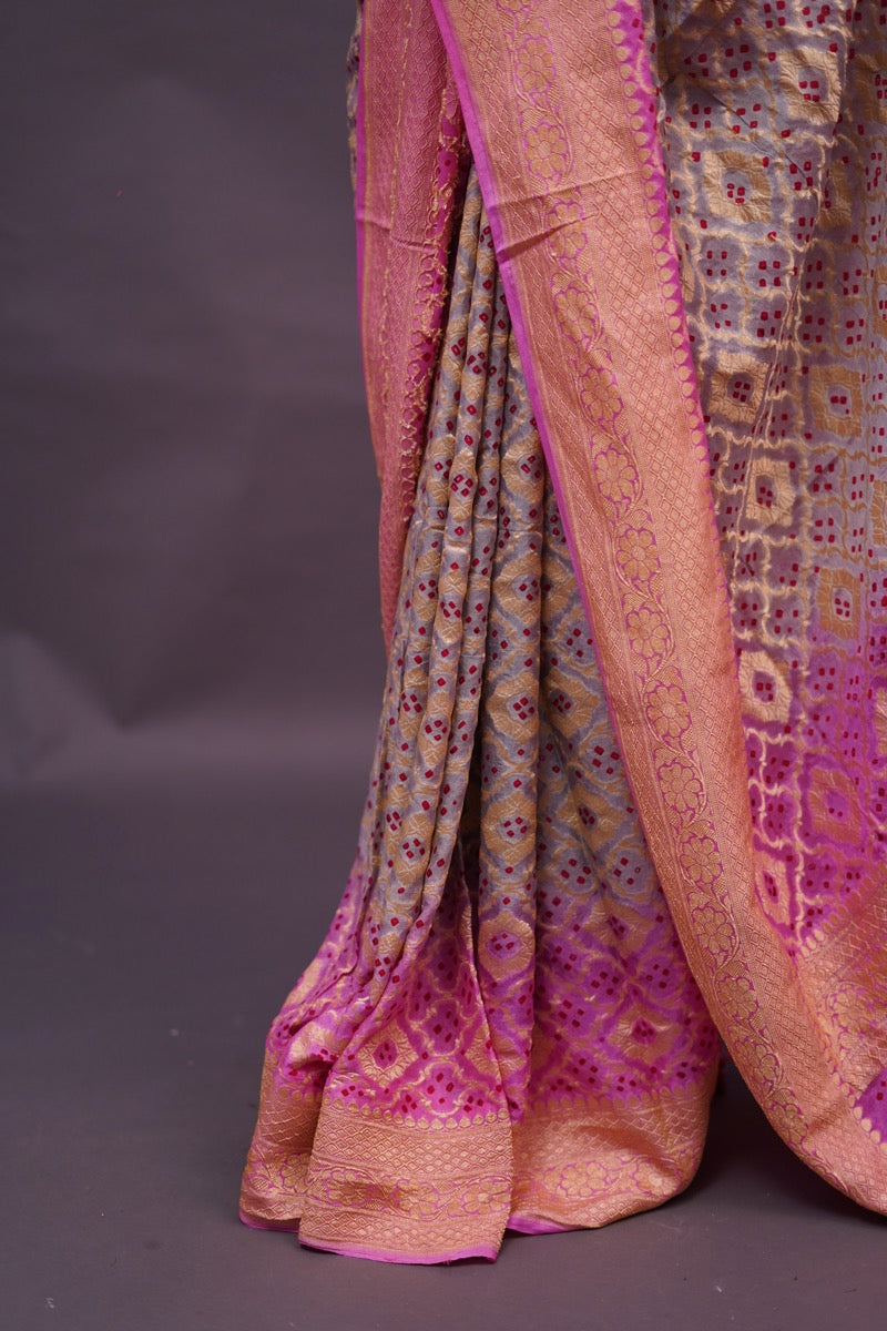 Silver Grey with Pink Bandhani Banaras Georgette Saree