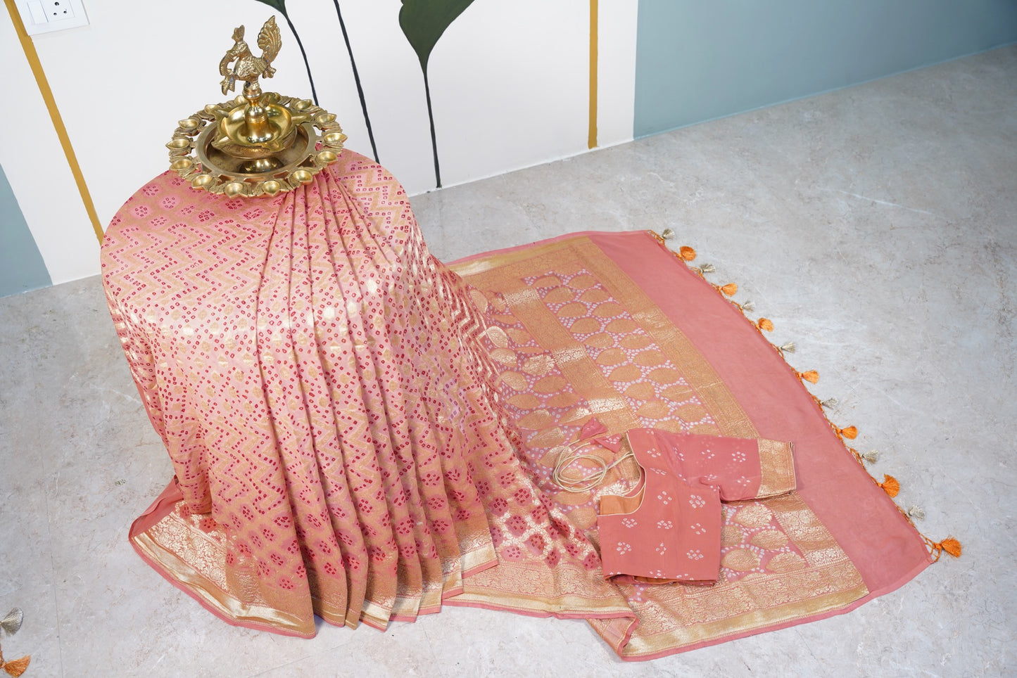 Peach Bandhani Banaras Georgette Saree