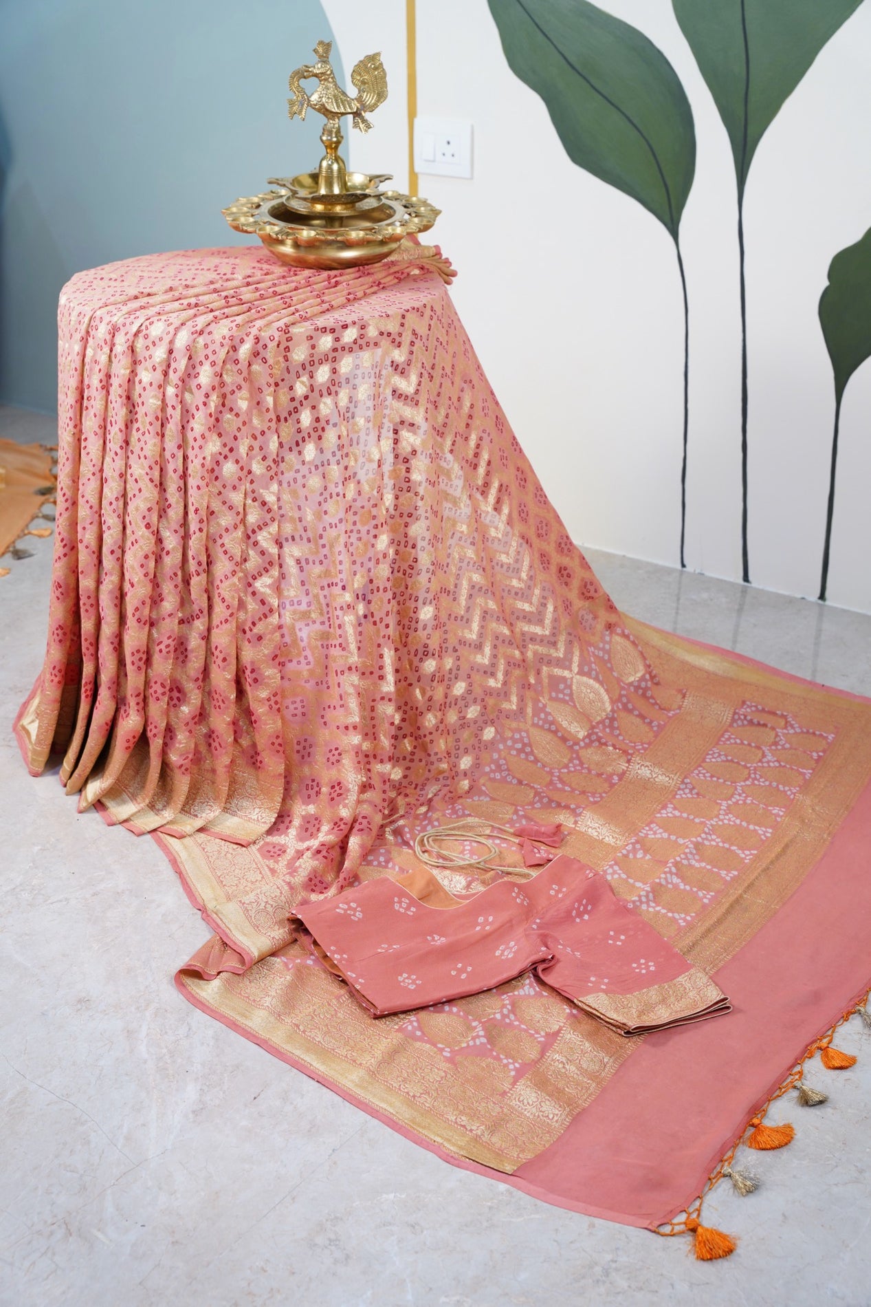 Peach Bandhani Banaras Georgette Saree