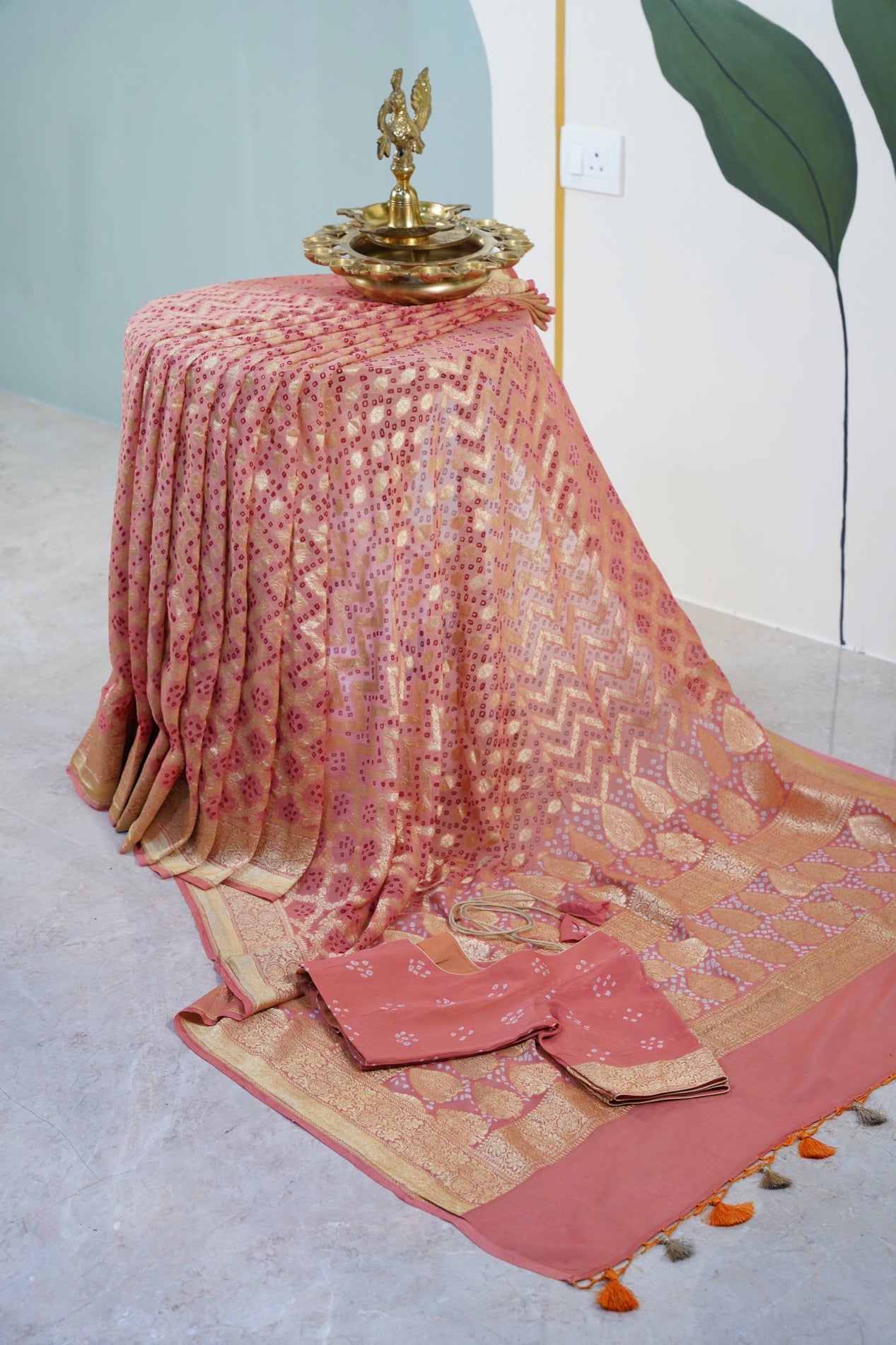 Peach Bandhani Banaras Georgette Saree