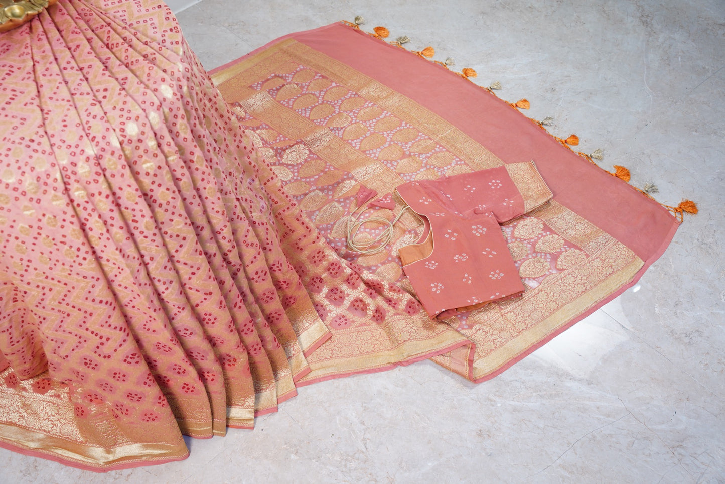 Peach Bandhani Banaras Georgette Saree