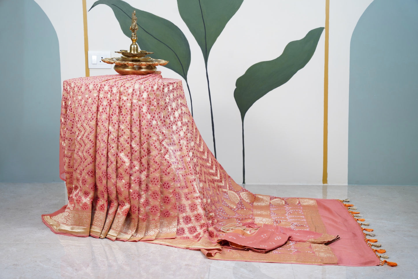 Peach Bandhani Banaras Georgette Saree