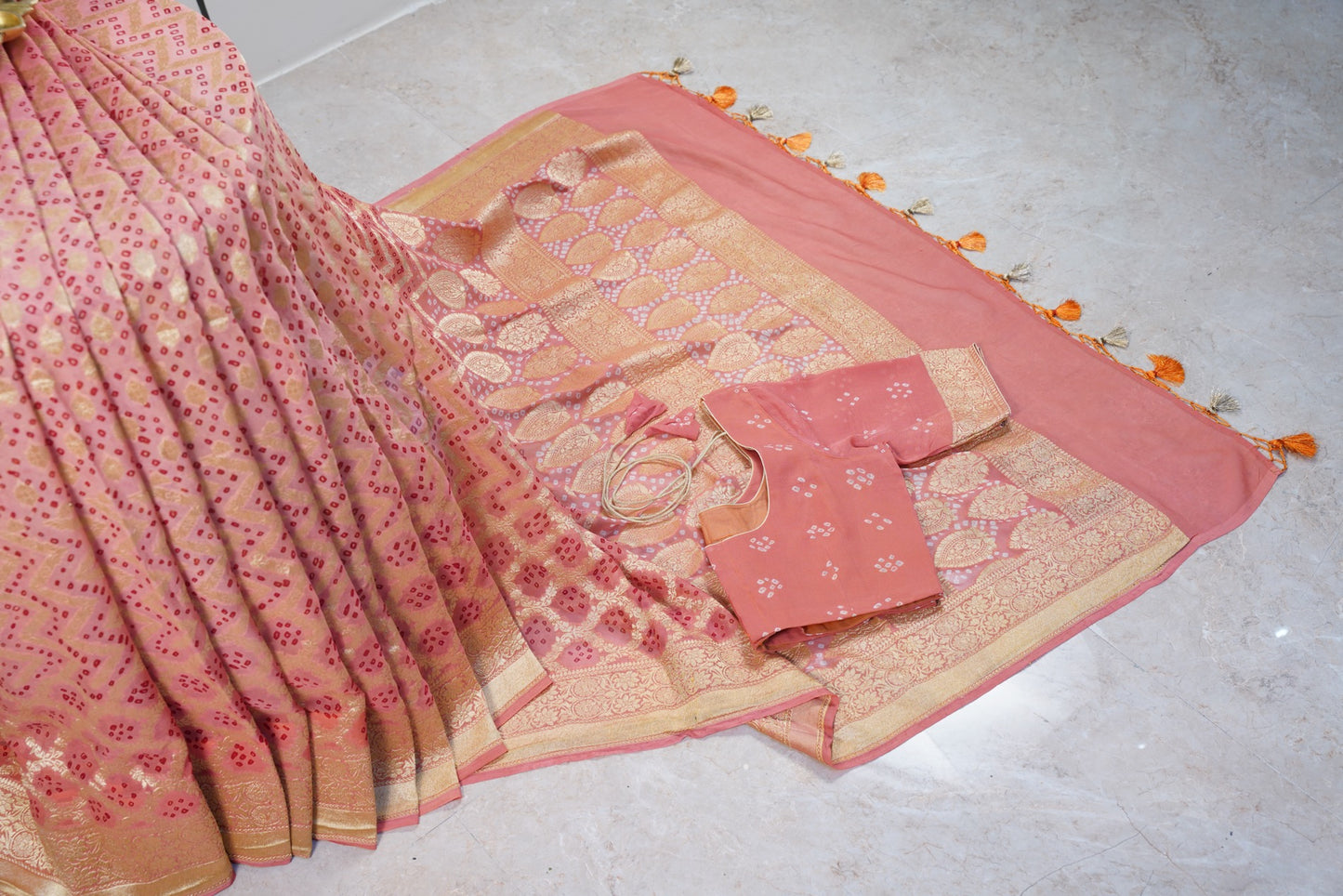 Peach Bandhani Banaras Georgette Saree