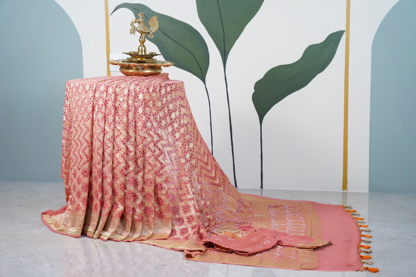 Peach Bandhani Banaras Georgette Saree