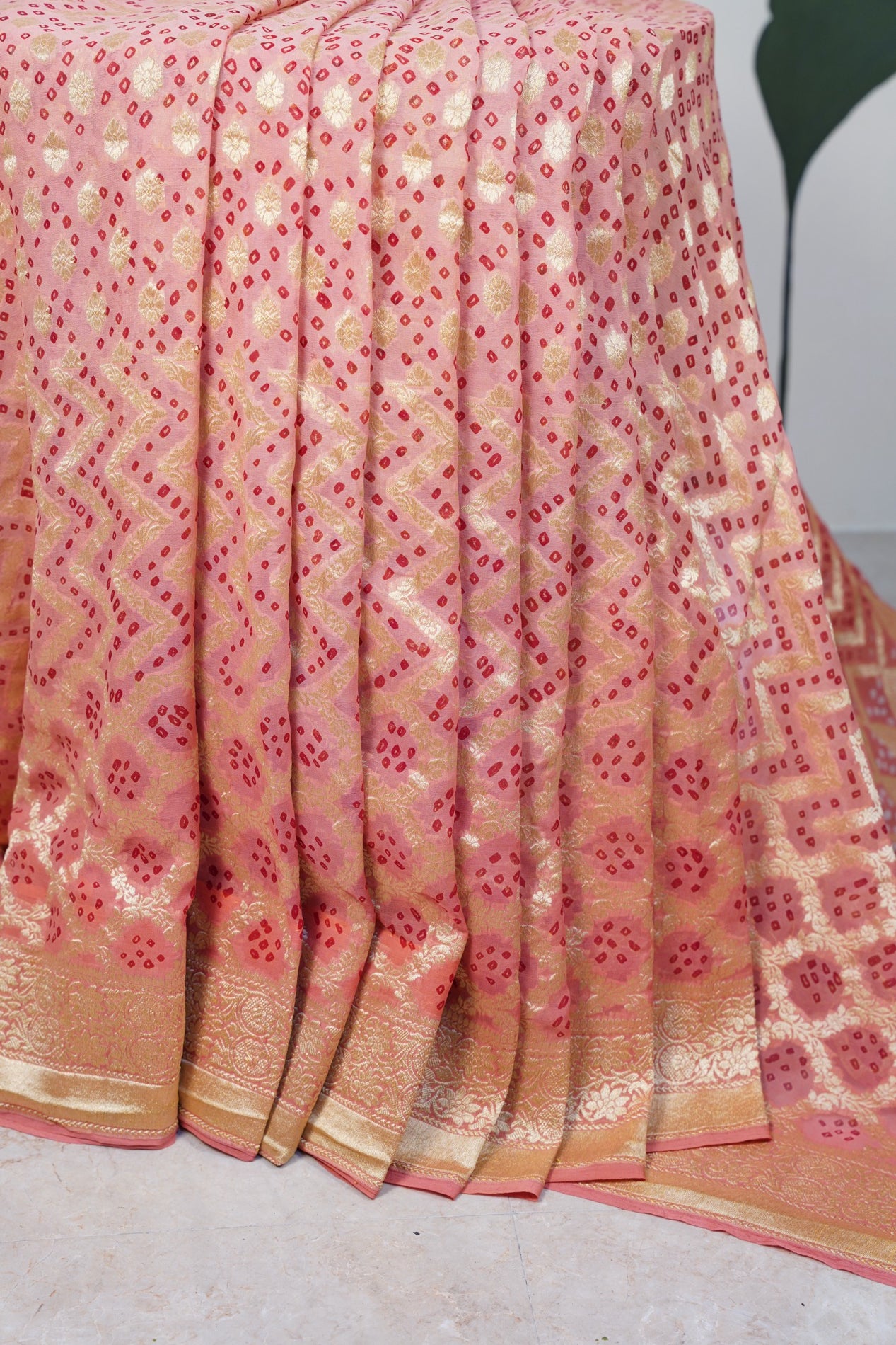 Peach Bandhani Banaras Georgette Saree