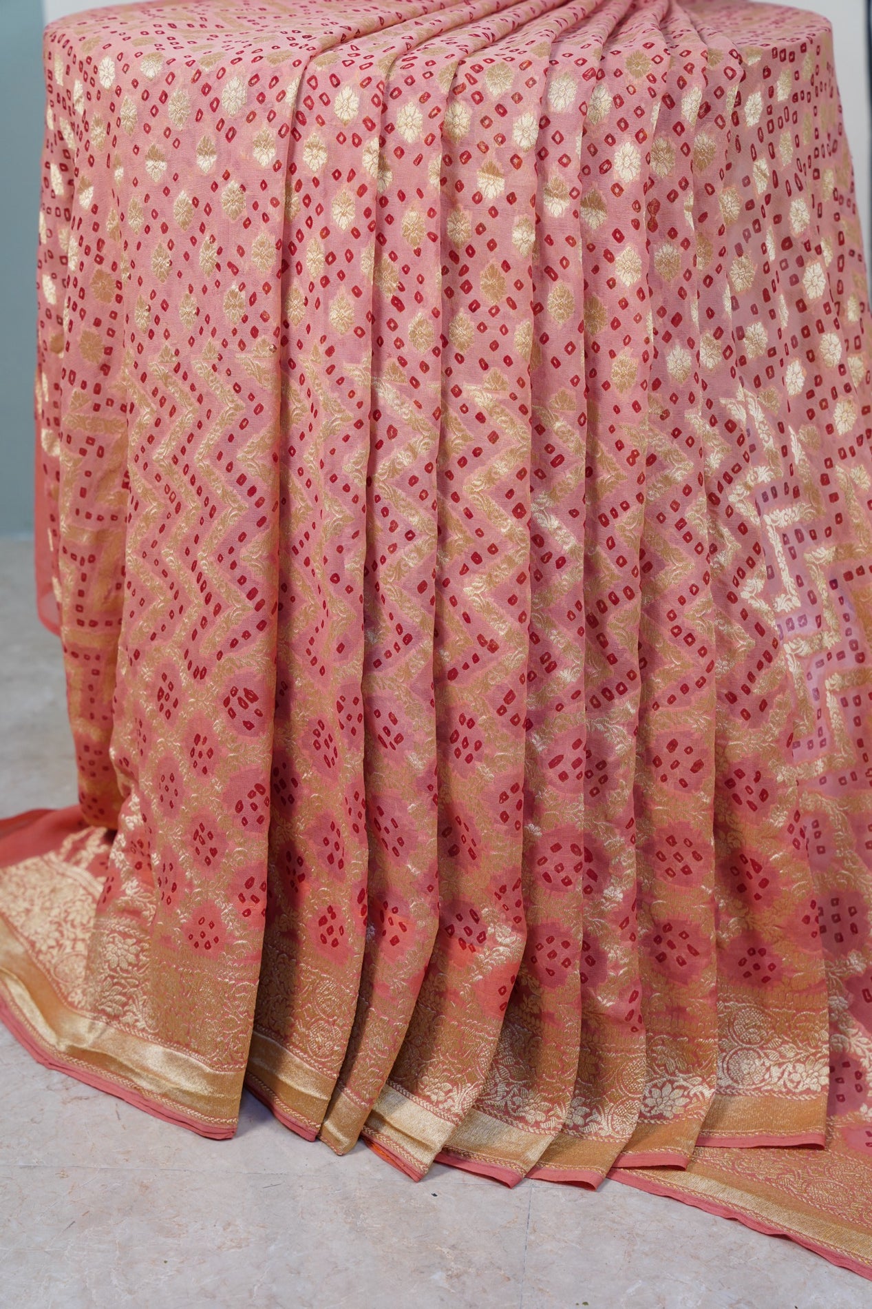 Peach Bandhani Banaras Georgette Saree