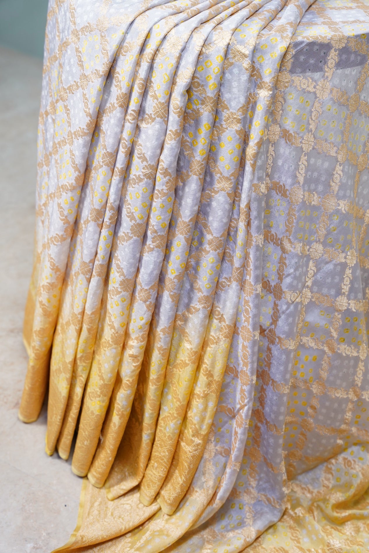 Yellow Grey Bandhani Banaras Georgette Saree