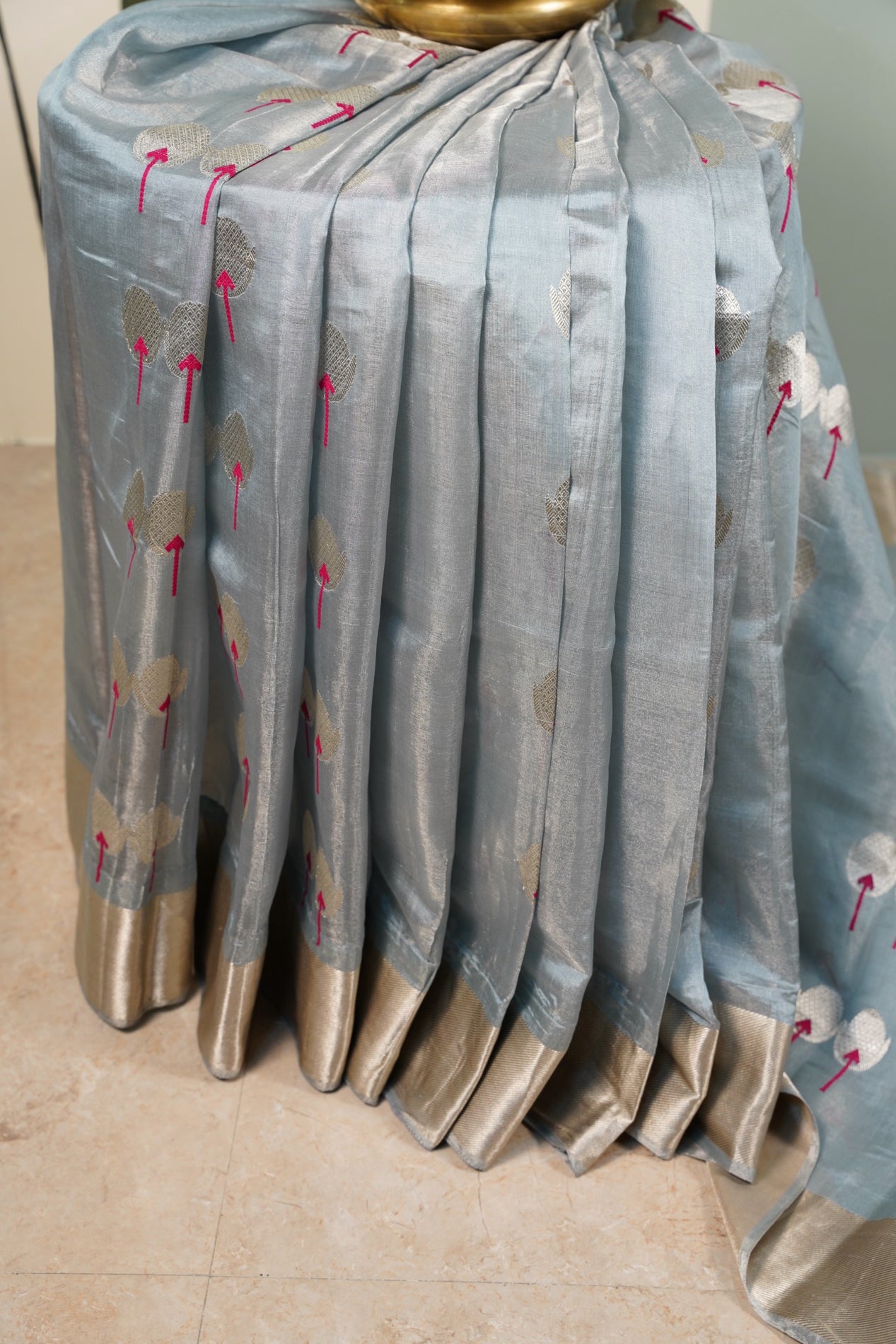 Greyesh Blue Chanderi Saree with light gold border and motifs