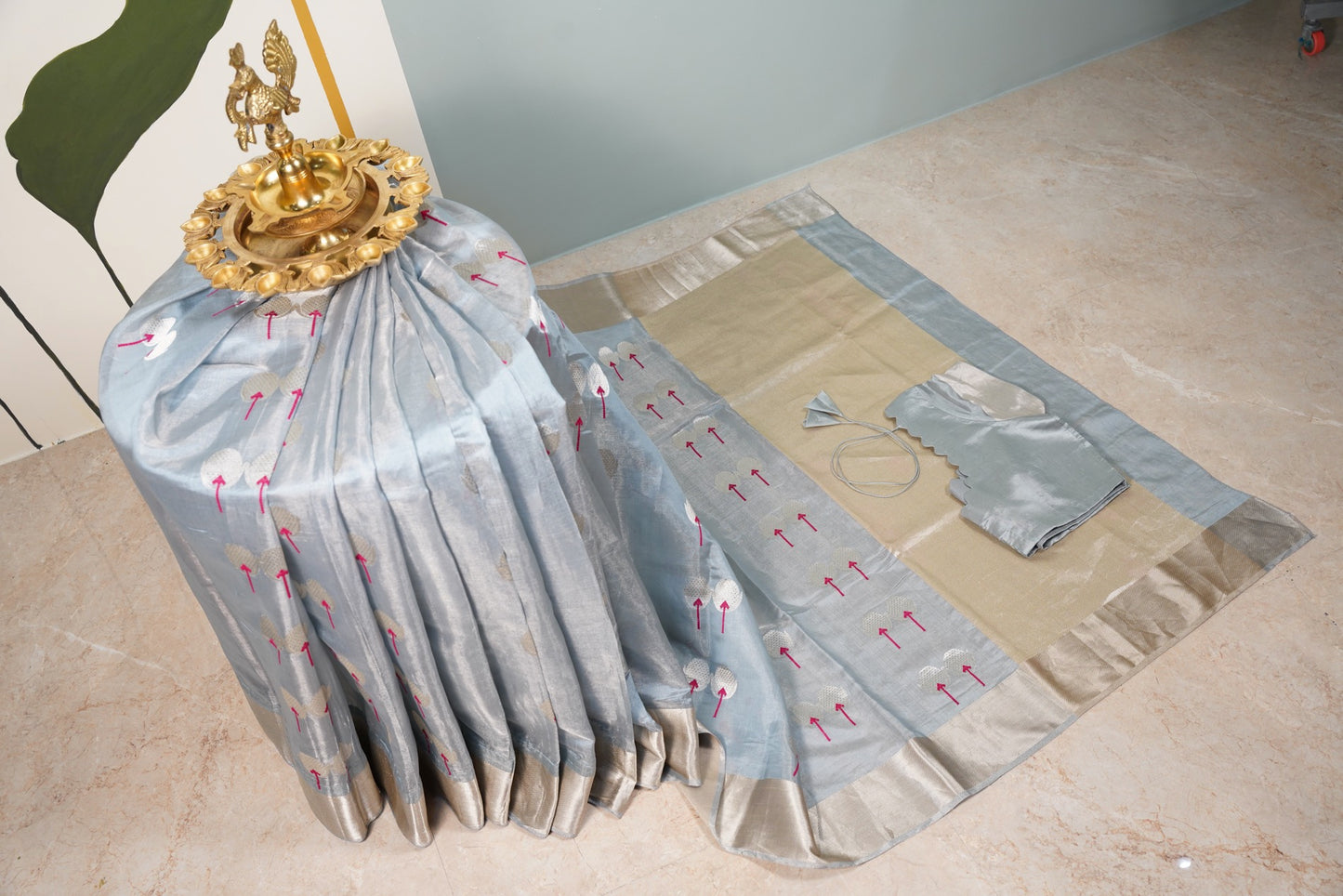 Greyesh Blue Chanderi Saree with light gold border and motifs