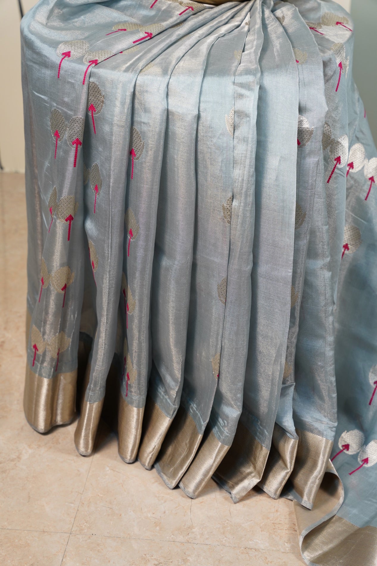 Greyesh Blue Chanderi Saree with light gold border and motifs