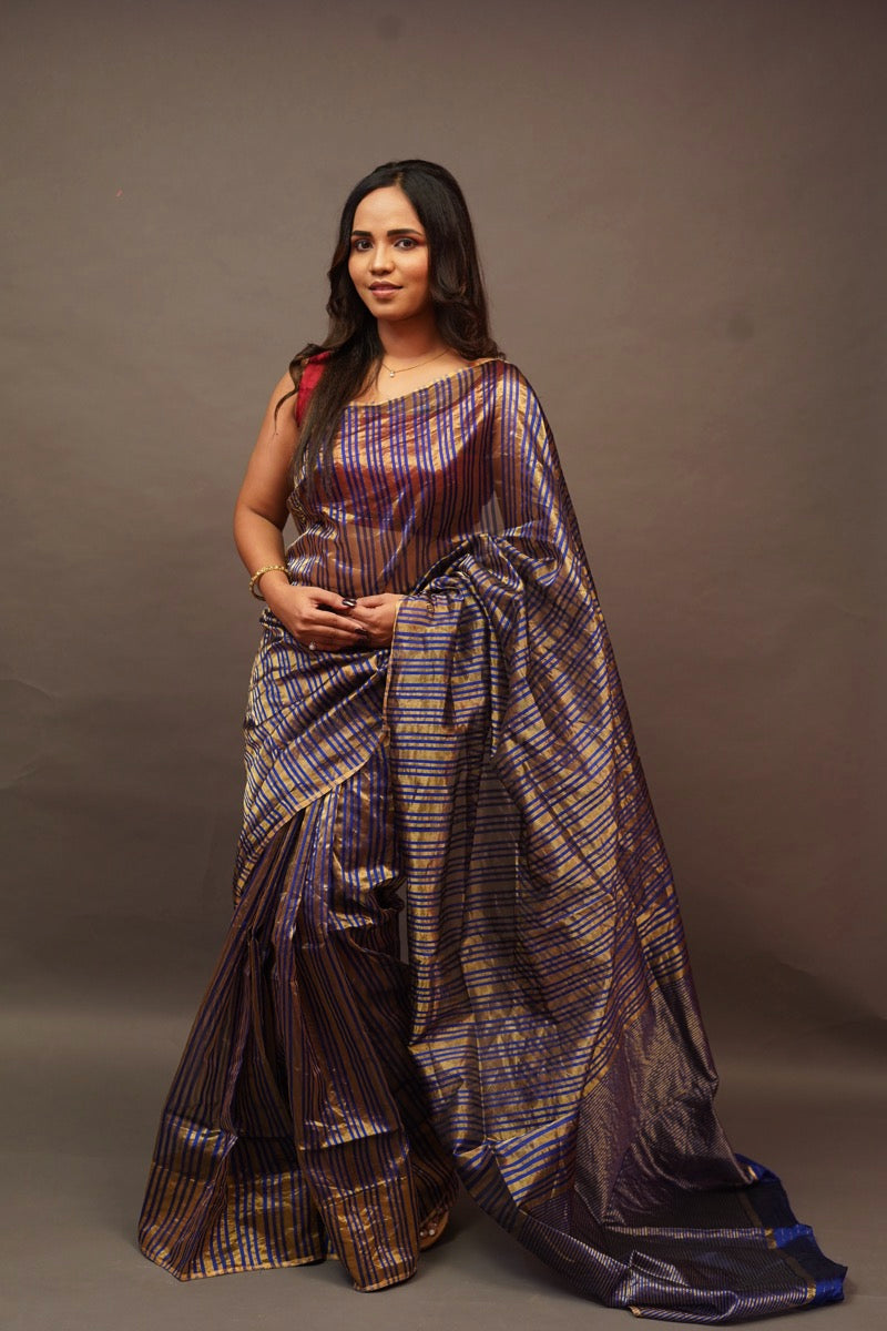 Blue Chanderi Saree with Gold Lines