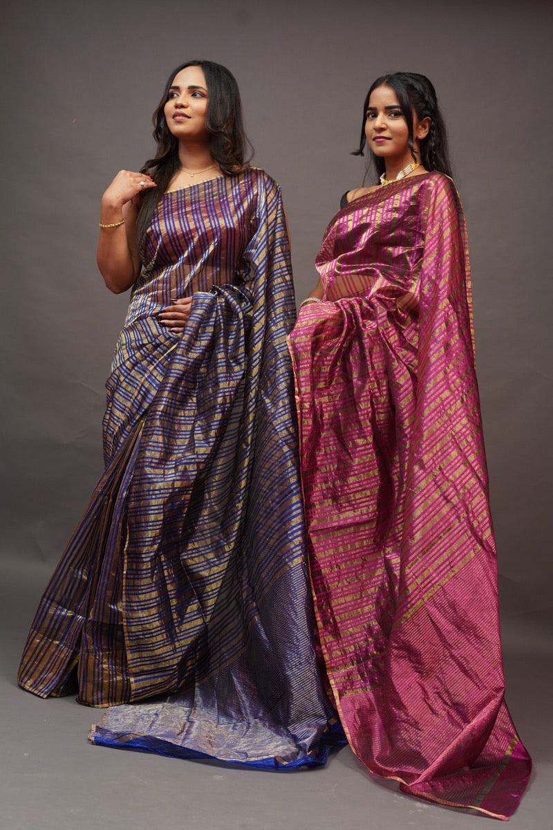 Blue Chanderi Saree with Gold Lines