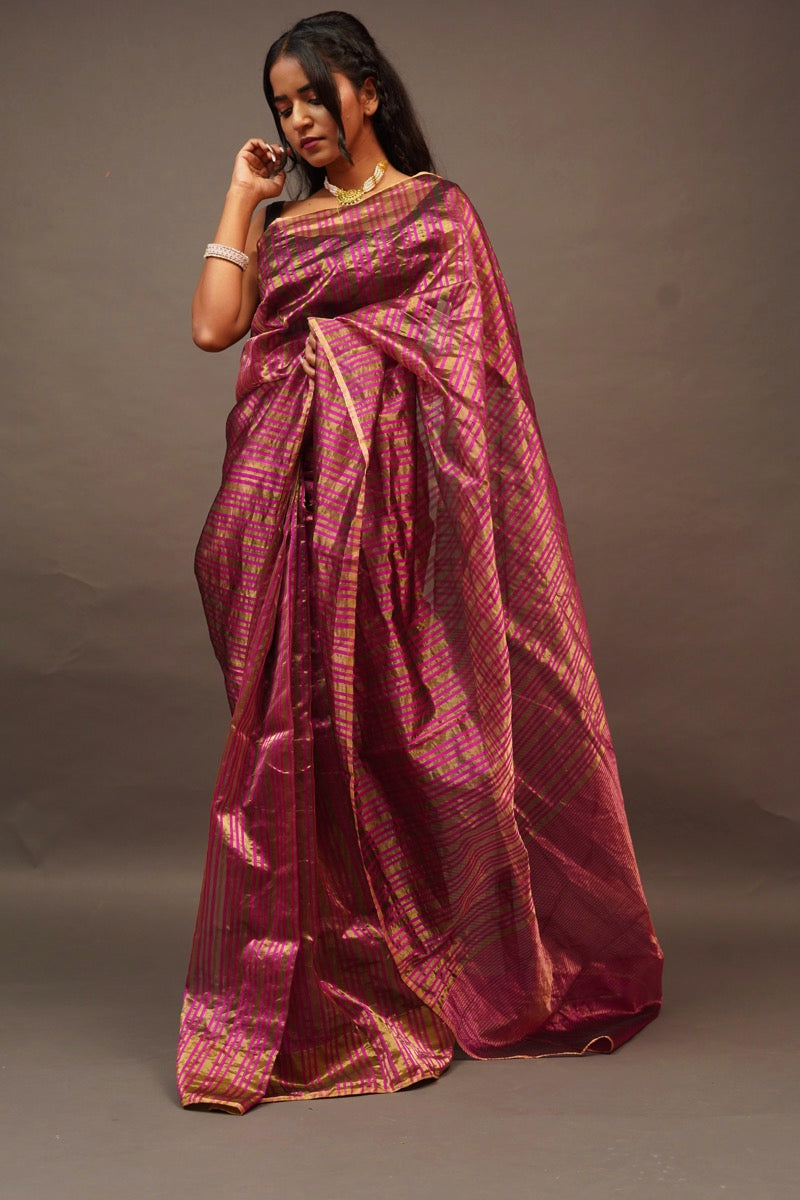 Pink Chanderi Saree with Gold Lines