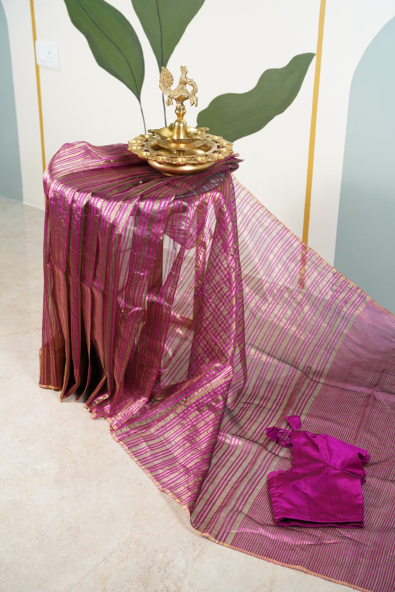 Pink Chanderi Saree with Gold Lines