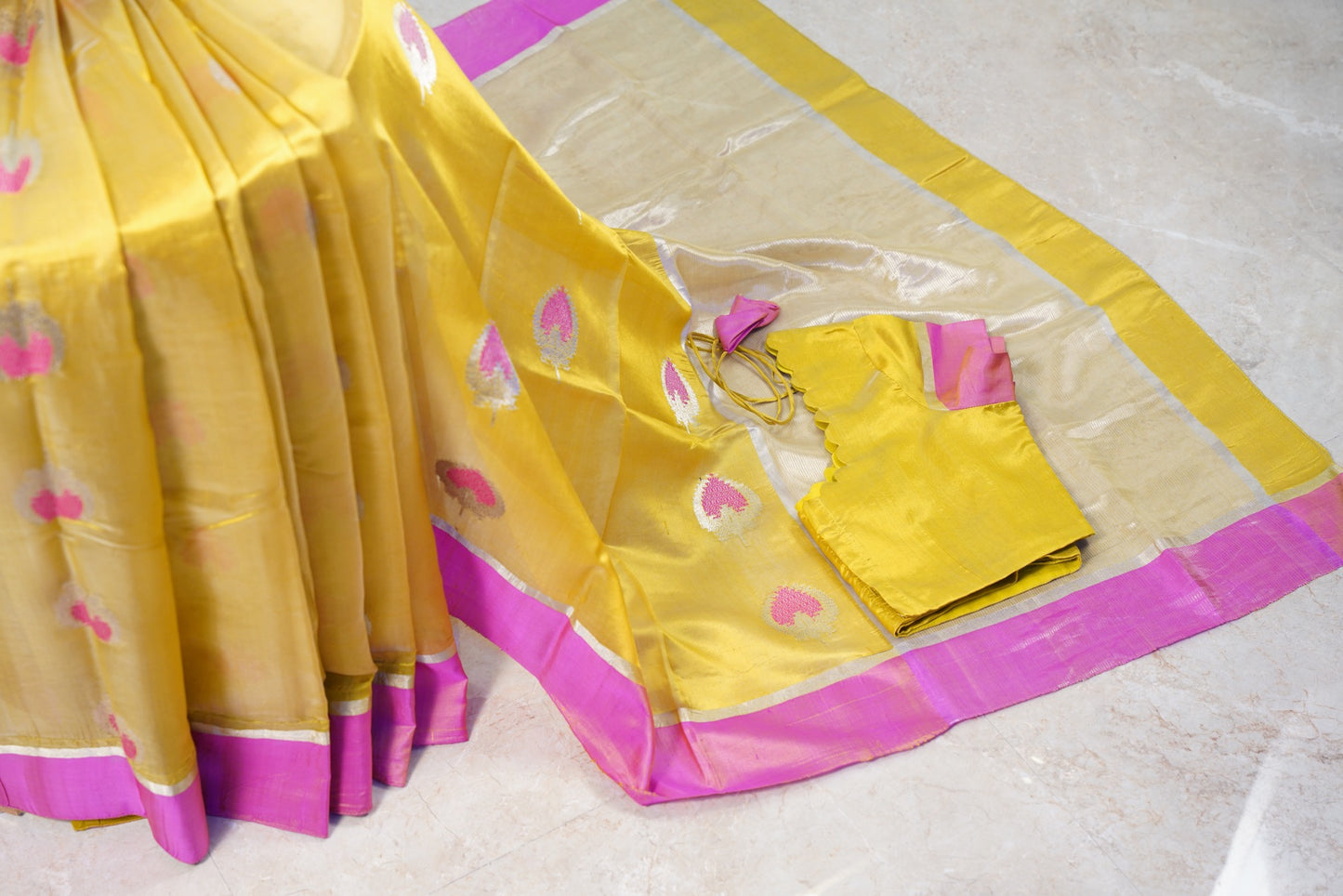 Mustard with Pink Border Saree