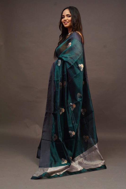 Dark Green Chanderi Saree with Mashru Border