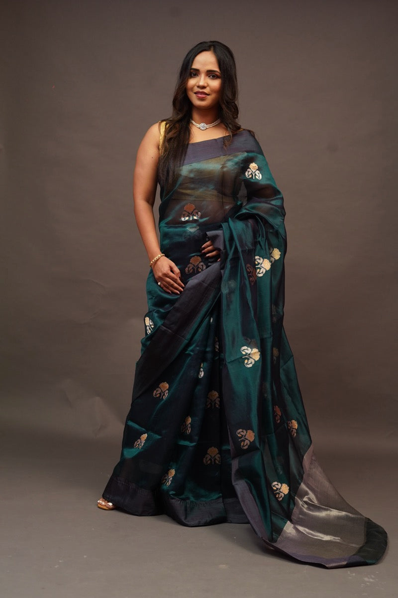 Dark Green Chanderi Saree with Mashru Border