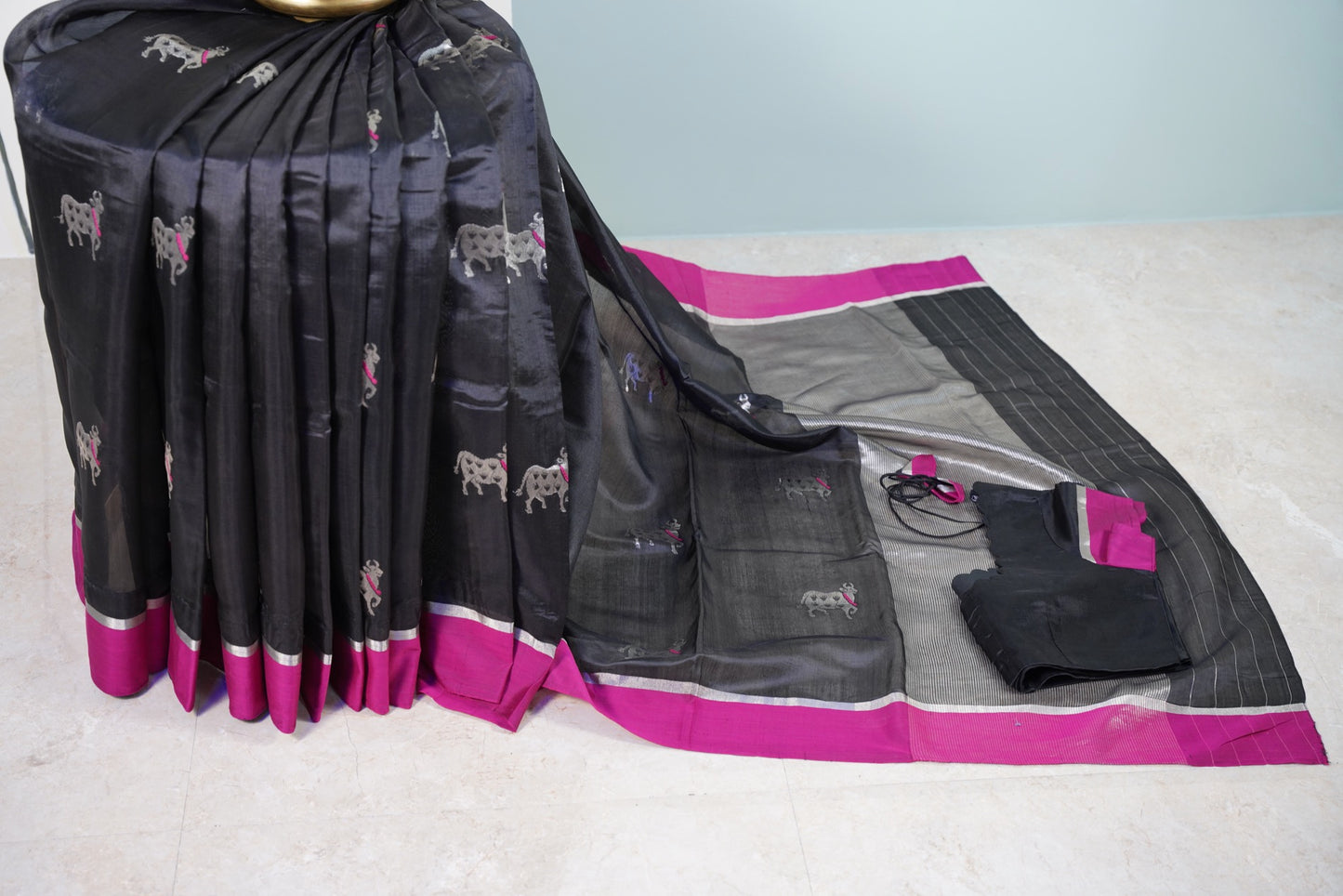 Black Chanderi Saree with Pink Pattu Border