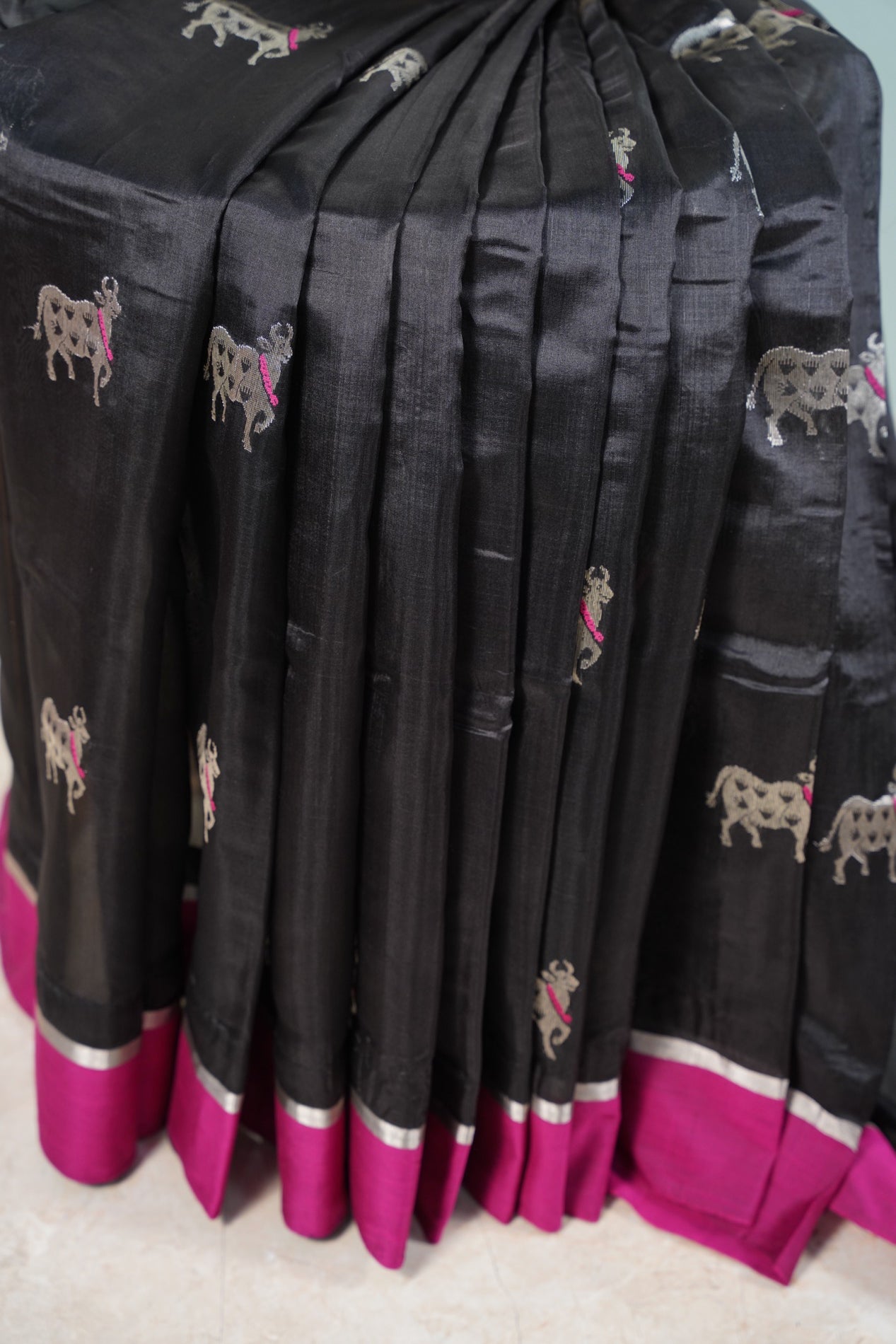 Black Chanderi Saree with Pink Pattu Border