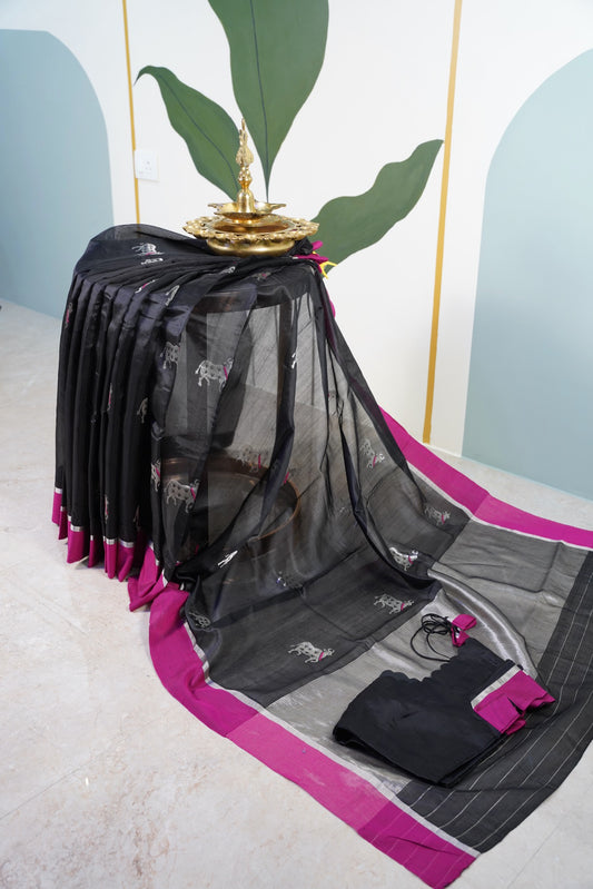 Black Chanderi Saree with Pink Pattu Border