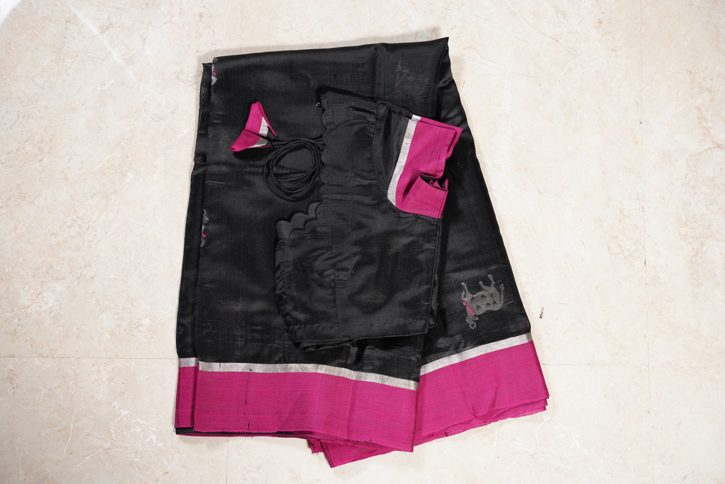 Black Chanderi Saree with Pink Pattu Border