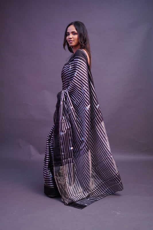 Gold and Black striped Chanderi Saree