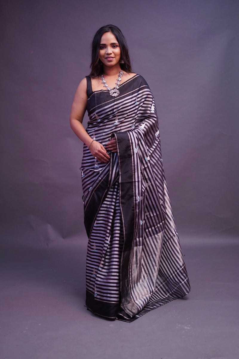 Gold and Black striped Chanderi Saree