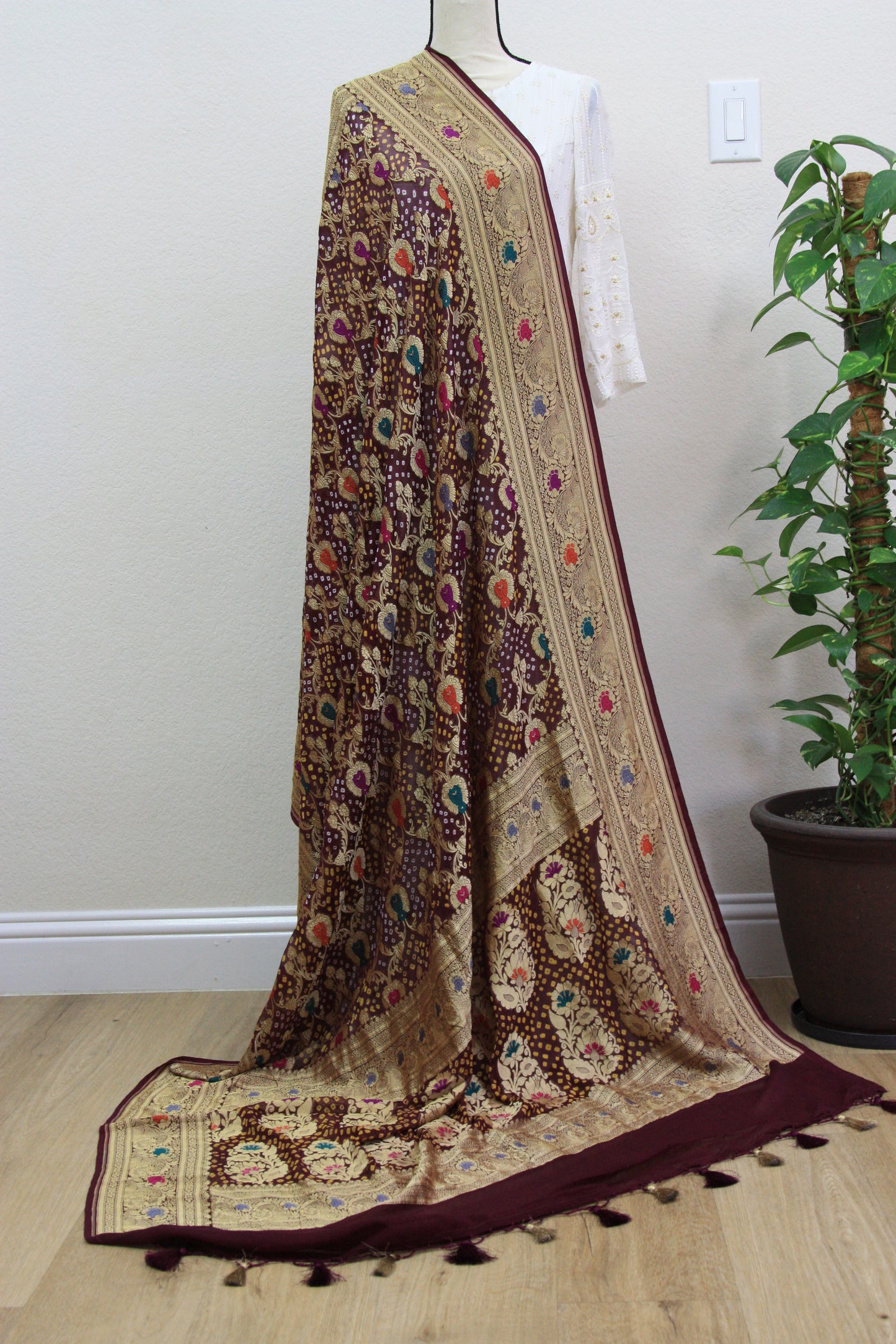 Greyish blue Banarasi Georgette Bandhani Dupatta with Meenakari Work