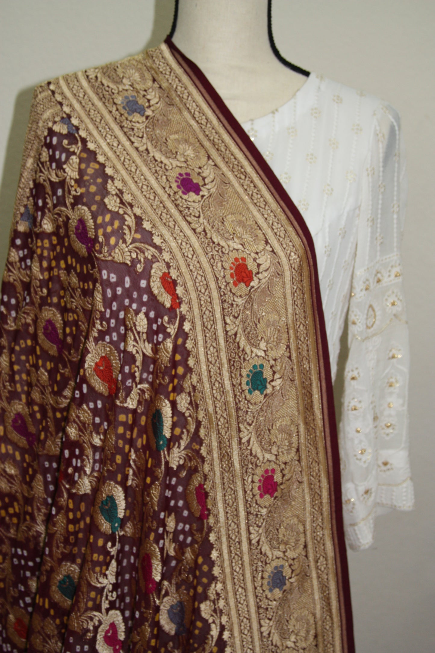 Greyish blue Banarasi Georgette Bandhani Dupatta with Meenakari Work