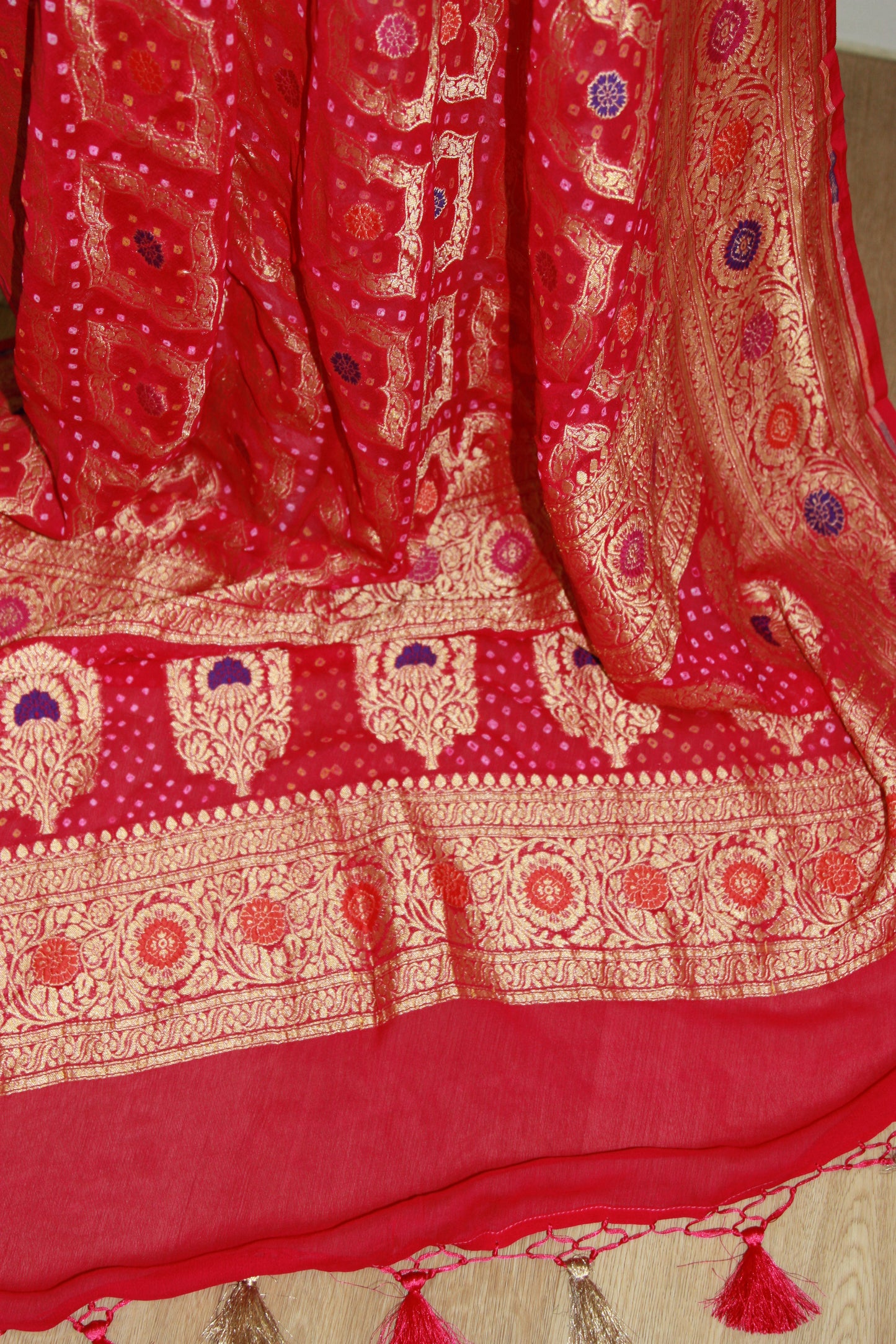 Rani Pink Banarasi Georgette Bandhani Dupatta with Meenakari Work