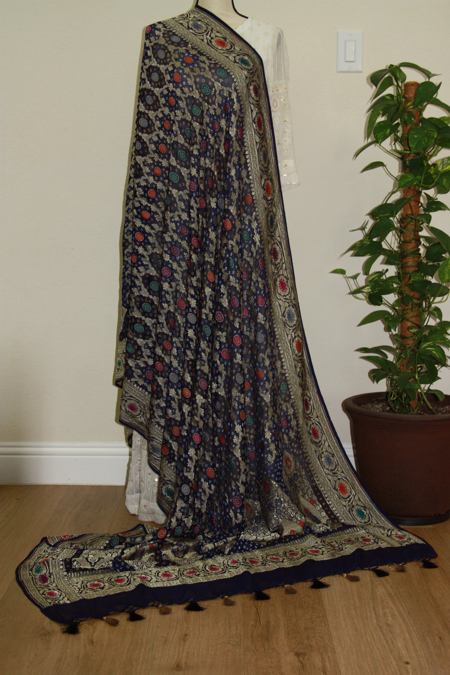 Dark Blue Banarasi Georgette Bandhani Dupatta with Meenakari Work