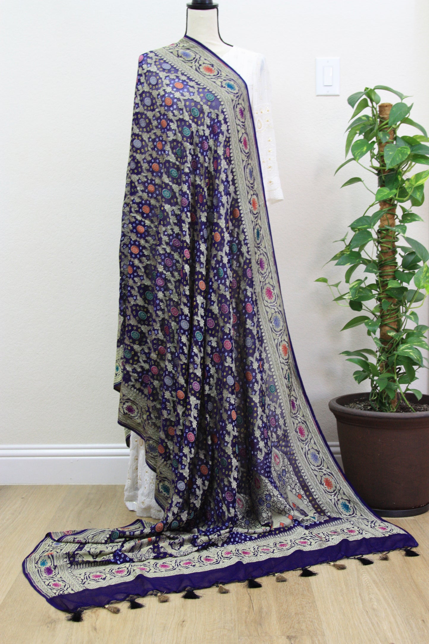 Dark Blue Banarasi Georgette Bandhani Dupatta with Meenakari Work