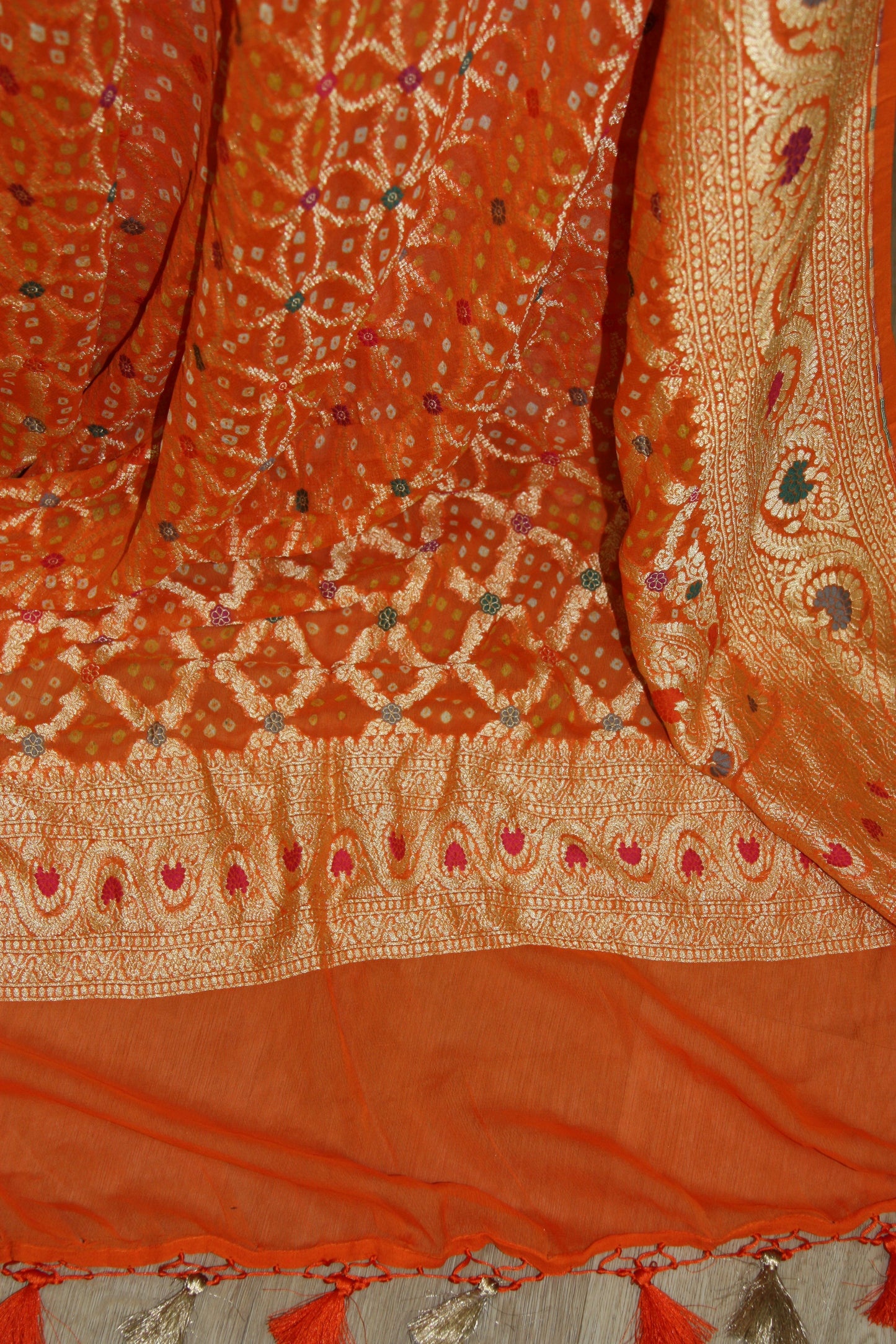 Orange Banarasi Georgette Bandhani Dupatta with Meenakari Work