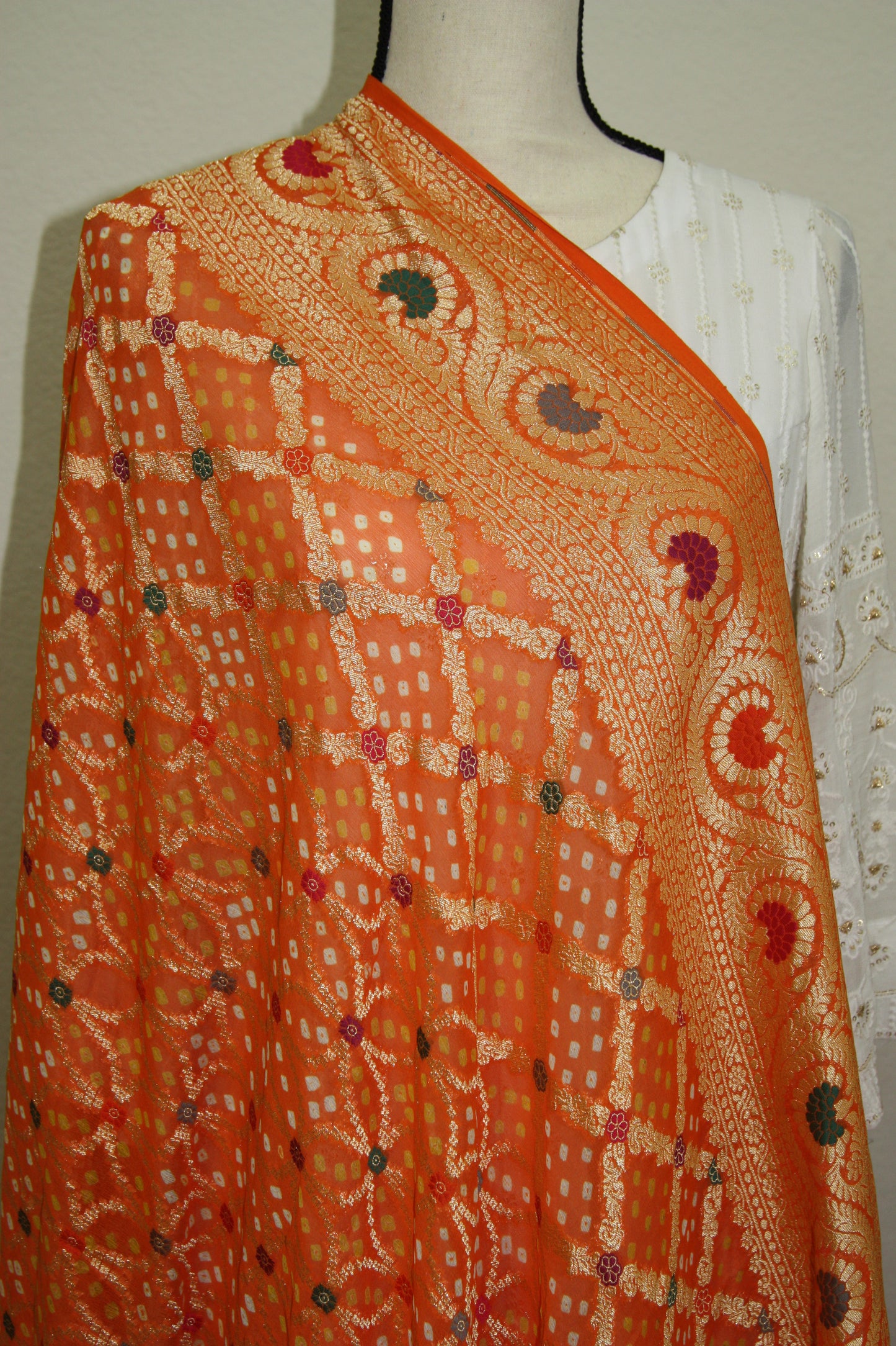 Orange Banarasi Georgette Bandhani Dupatta with Meenakari Work