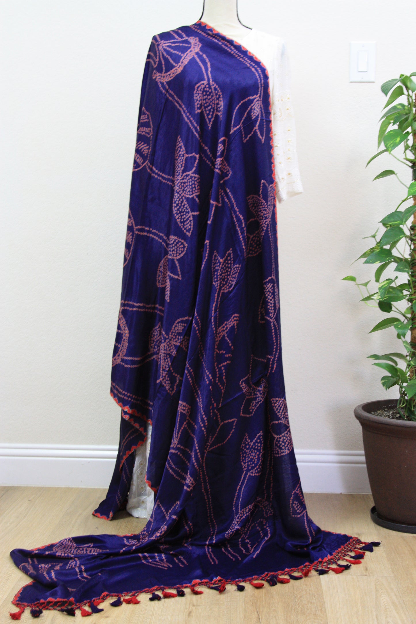 Blue Bandhani Dupatta with Pink Floral Bandhej