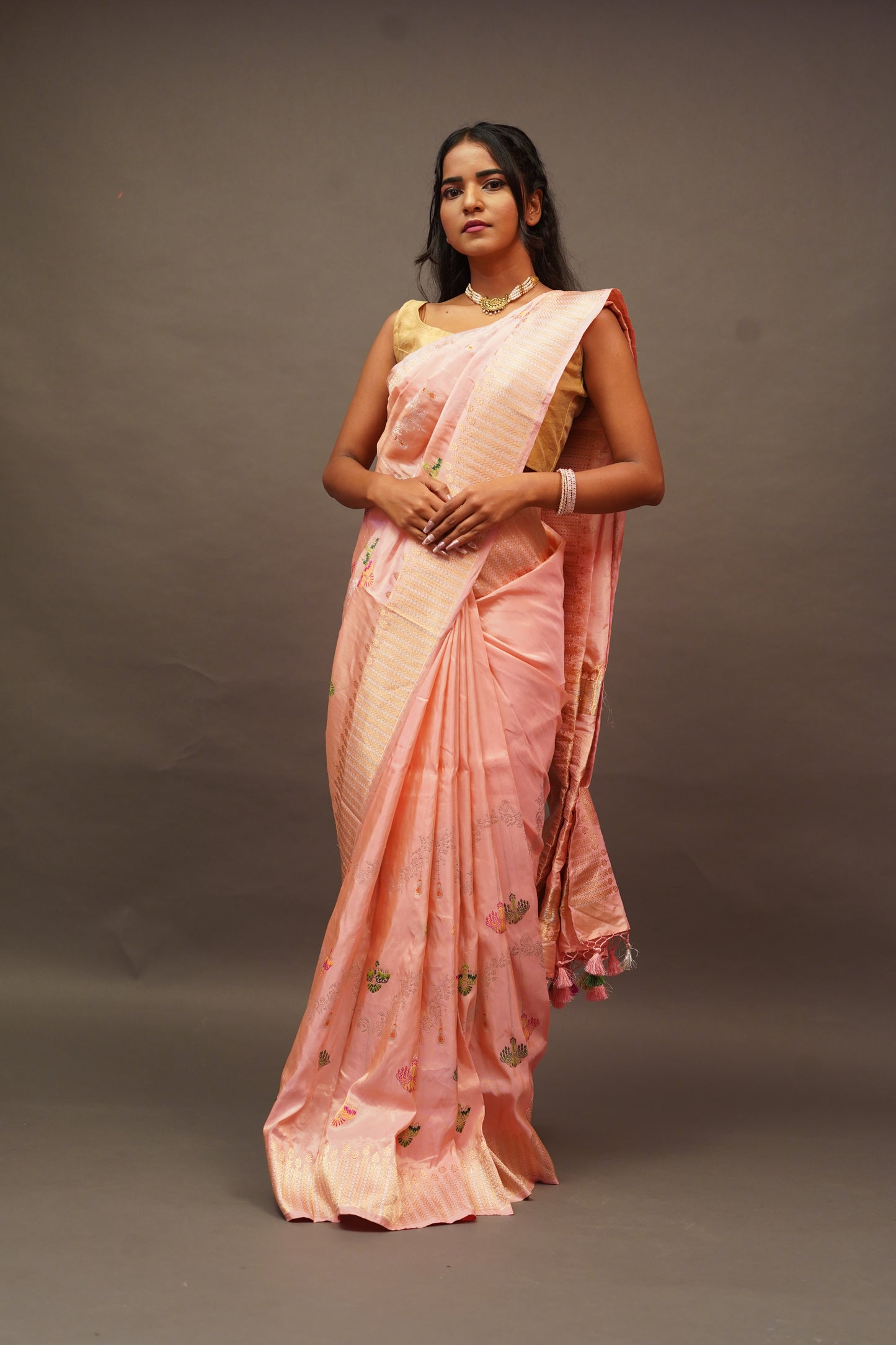 Peach Tissue Kadhuwa Jangla Half Meenakari Saree