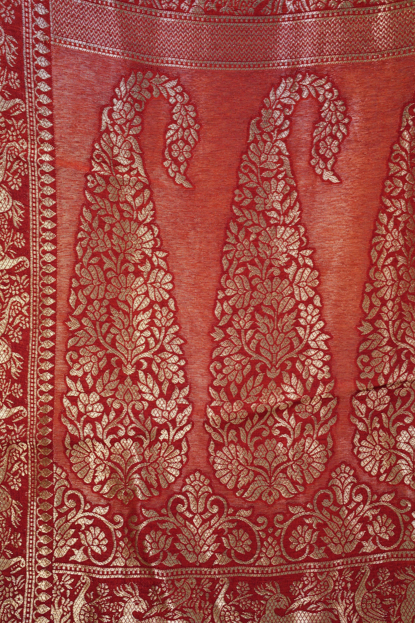 Ajrakh Red border Saree with Zari Border & Red color Mirror Work Blouse